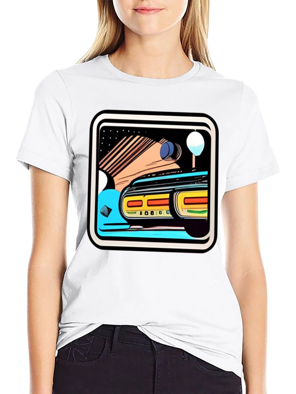 Retro Style Car Graphic Tee - Black Cotton Blend