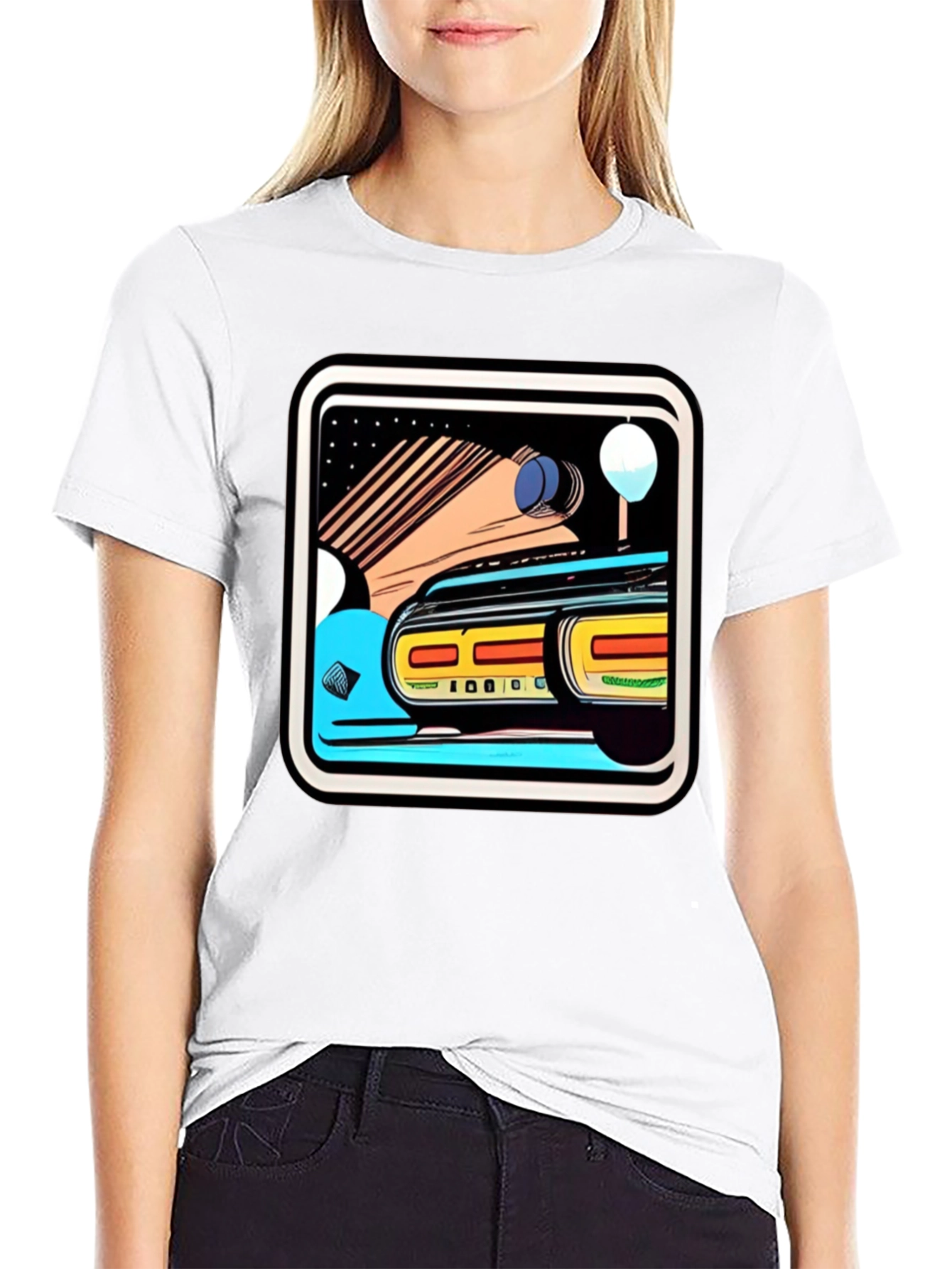 Retro Style Car Graphic Tee - Black Cotton Blend