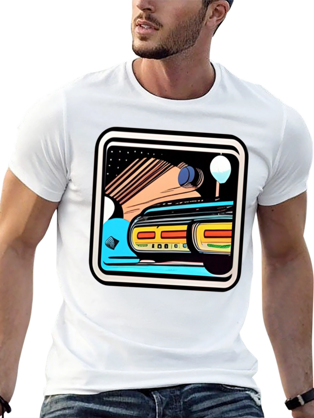 Retro Style Car Graphic Tee - Black Cotton Blend