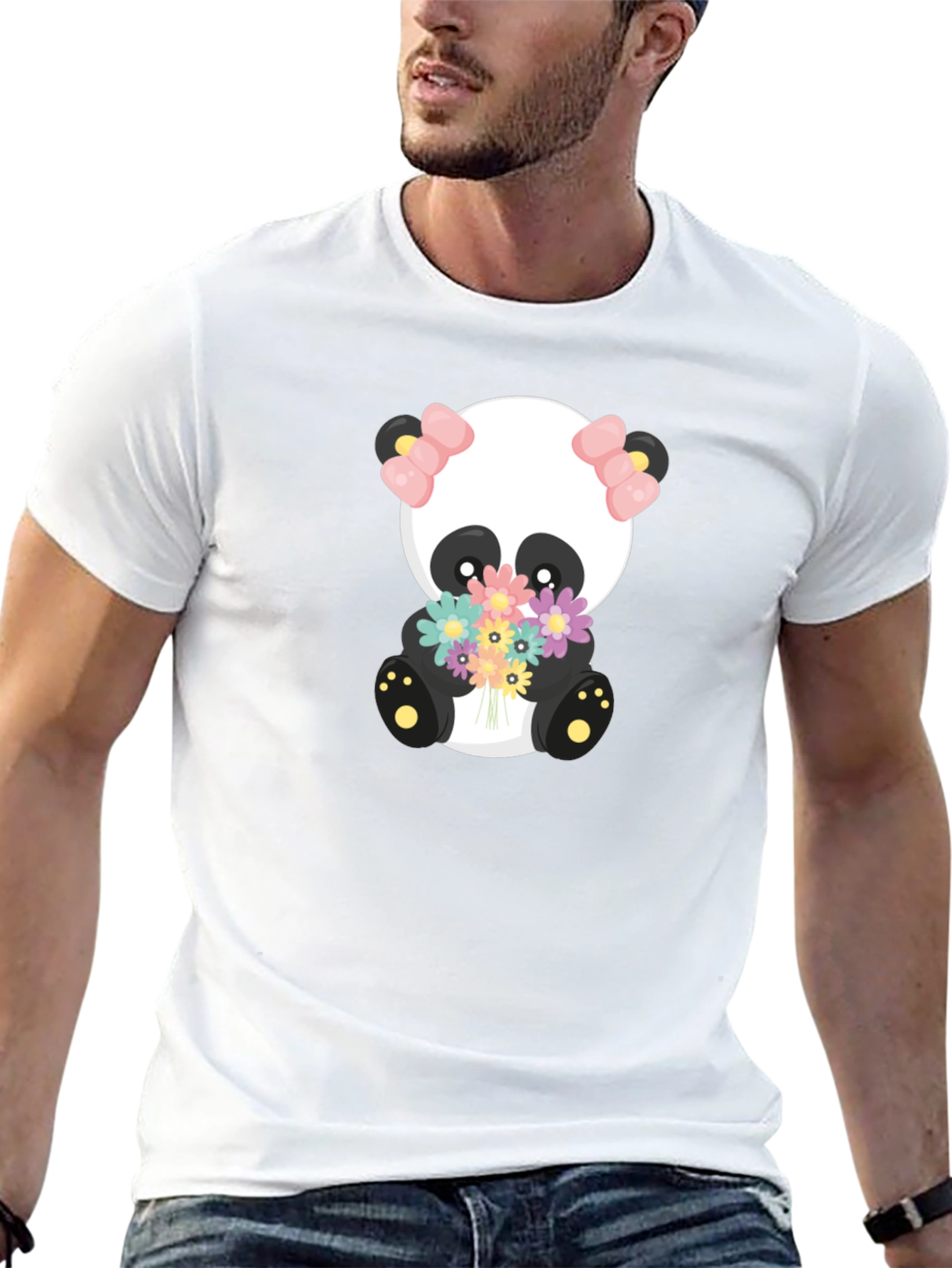 Cute Panda Holding Flowers Graphic T-Shirt