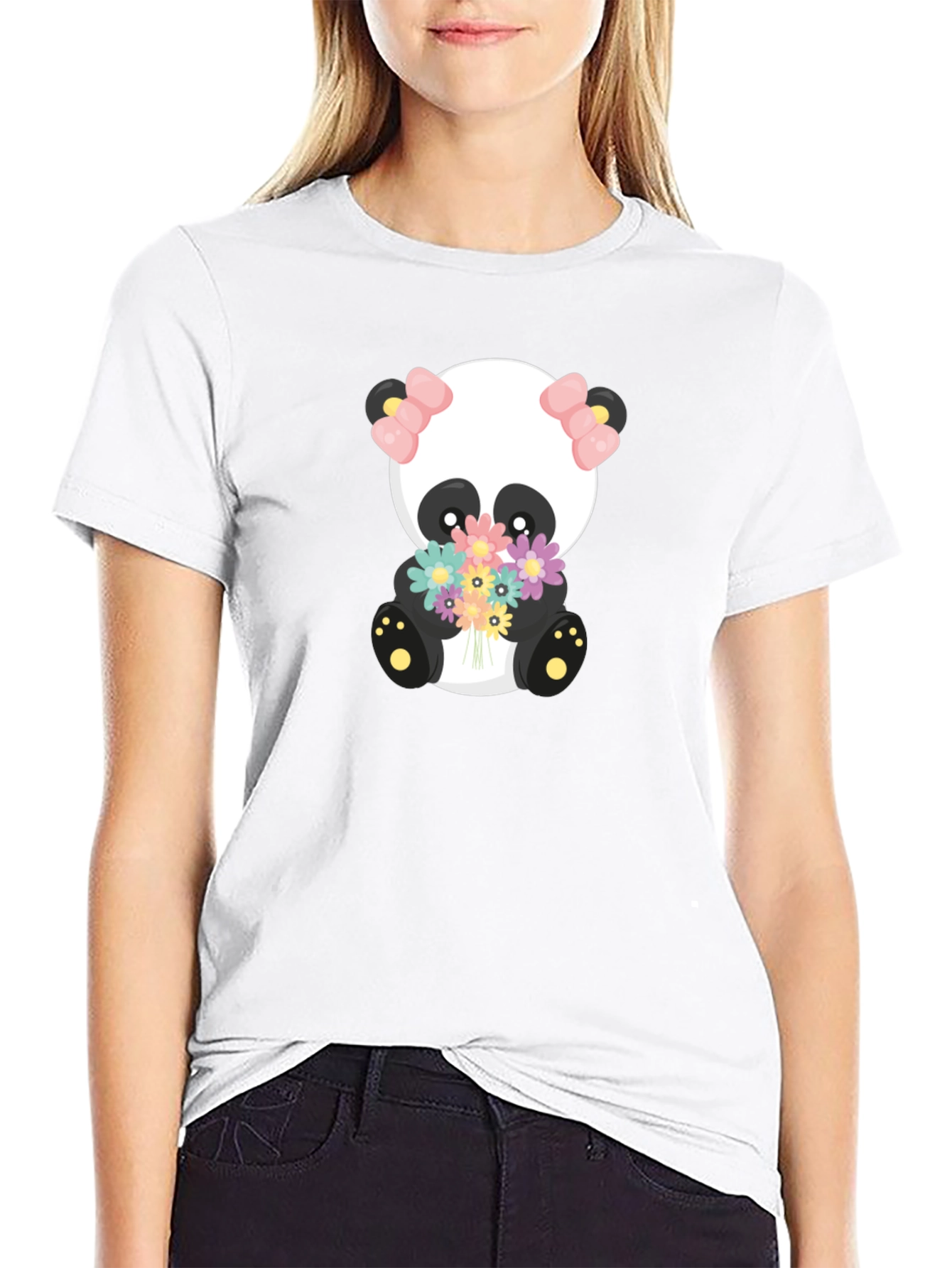 Cute Panda Holding Flowers Graphic T-Shirt