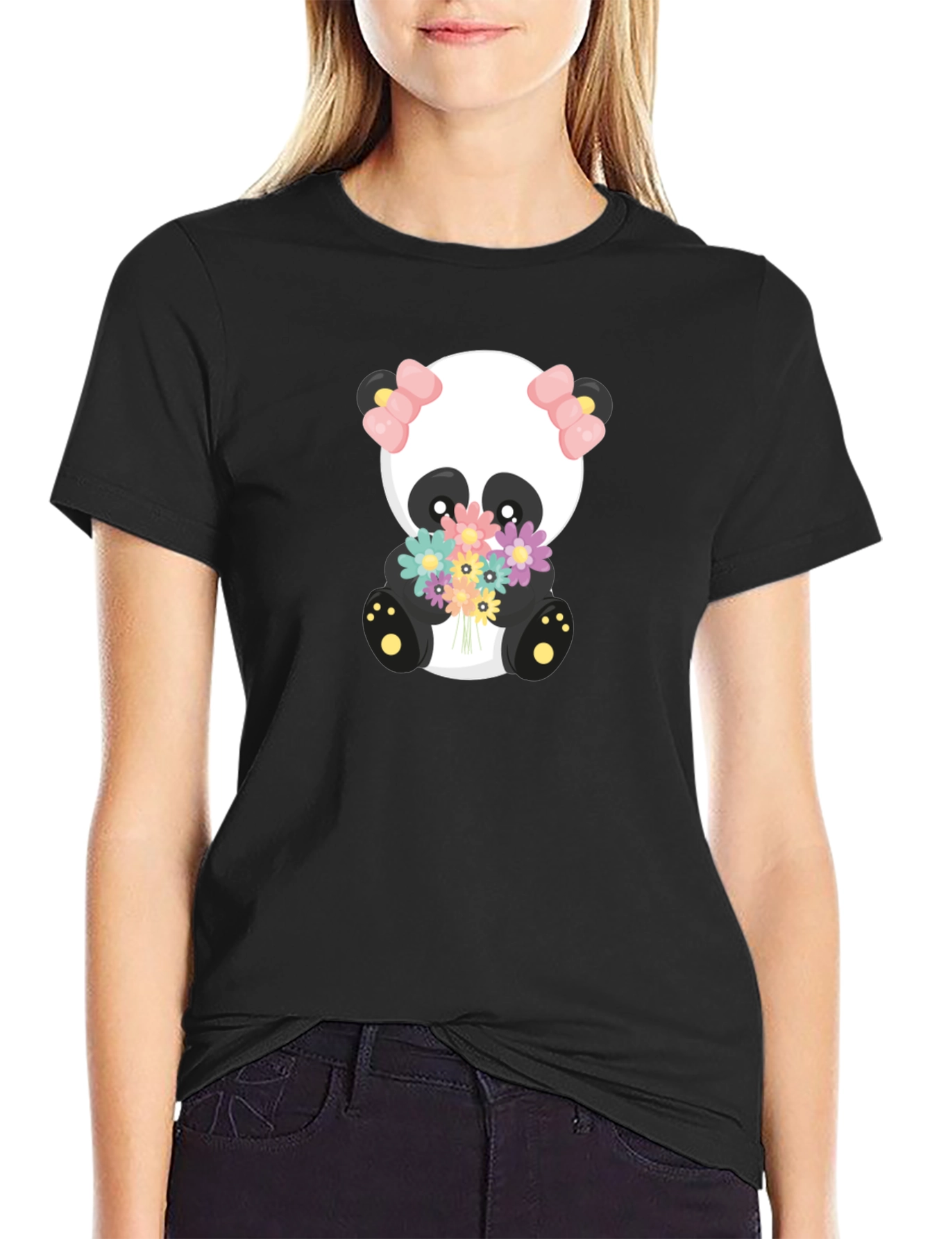 Cute Panda Holding Flowers Graphic T-Shirt