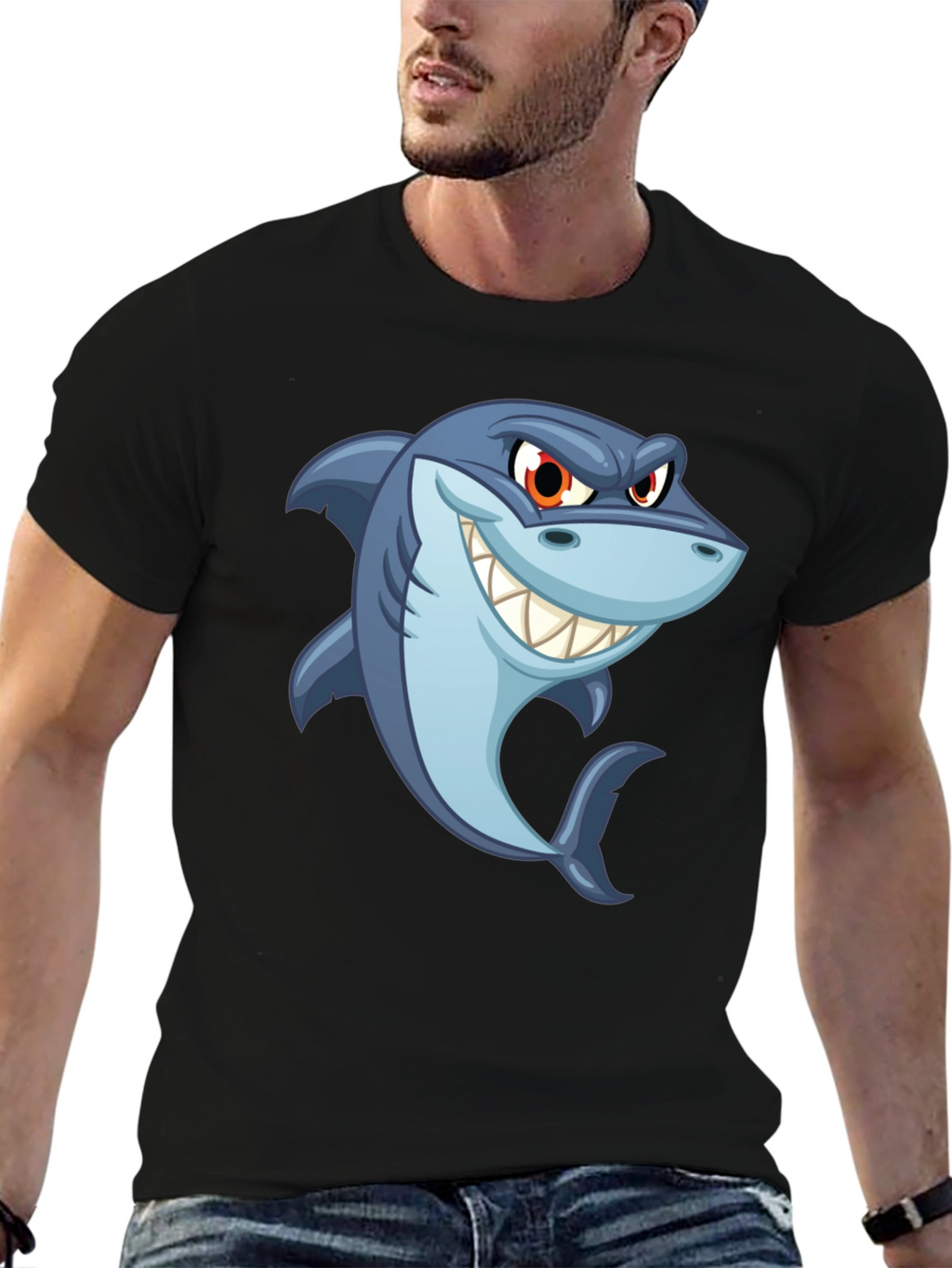 Mens Black Shark Cartoon Graphic T-Shirt