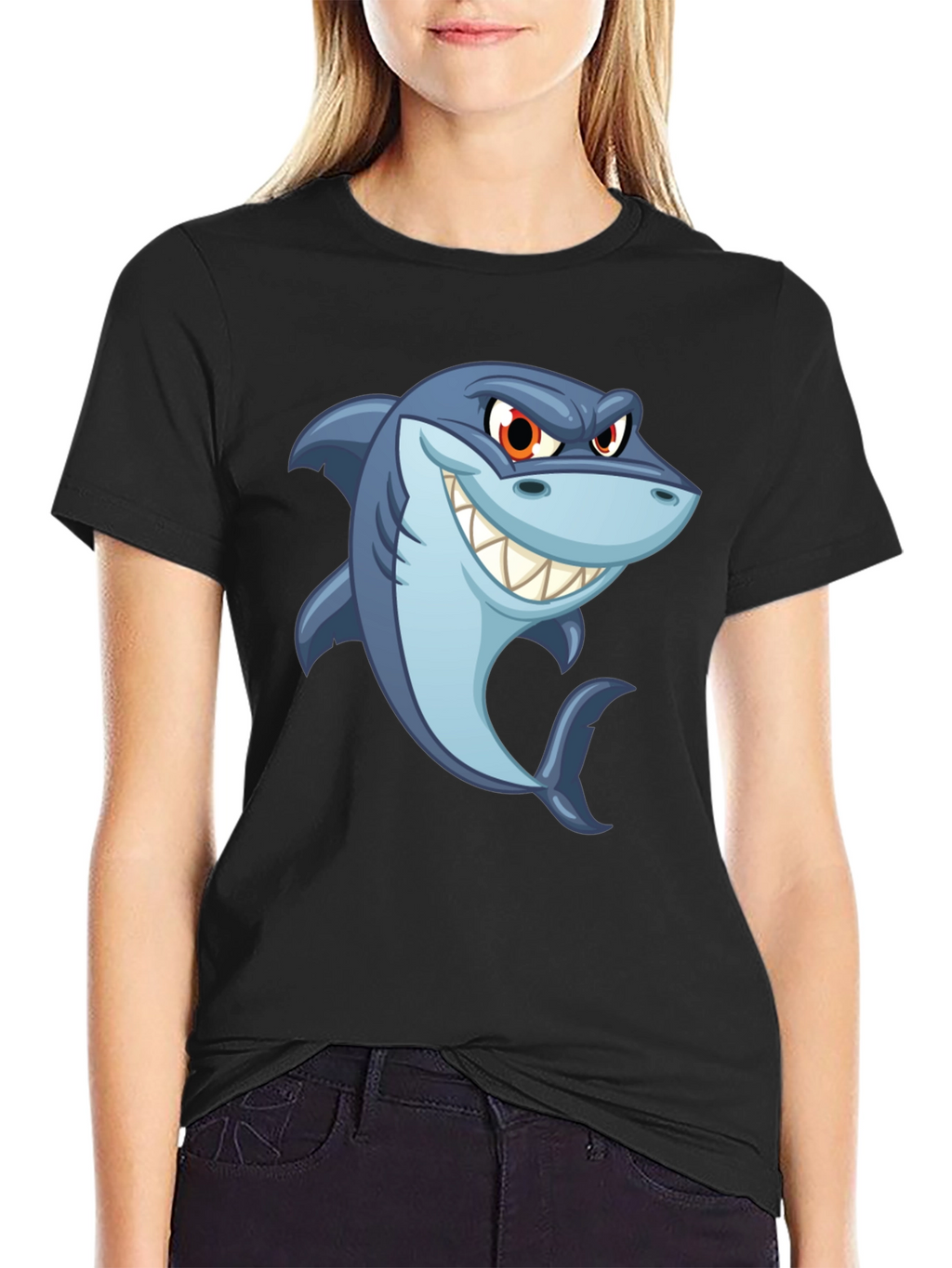 Mens Black Shark Cartoon Graphic T-Shirt