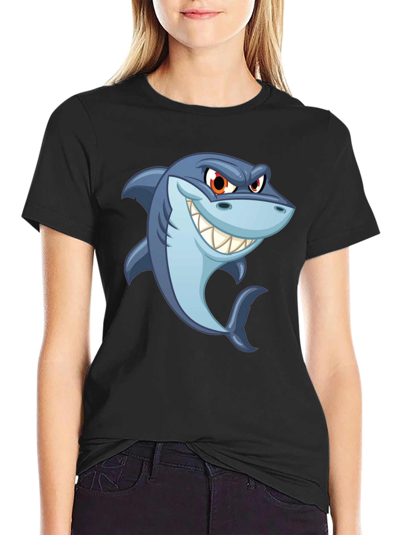 Mens Black Shark Cartoon Graphic T-Shirt