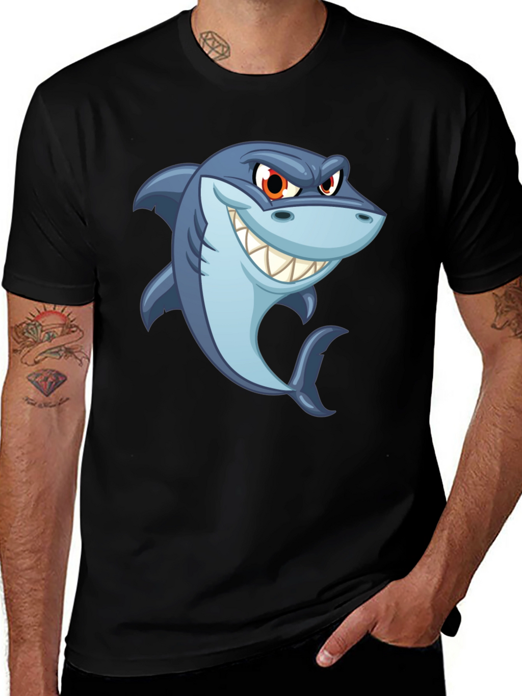 Mens Black Shark Cartoon Graphic T-Shirt