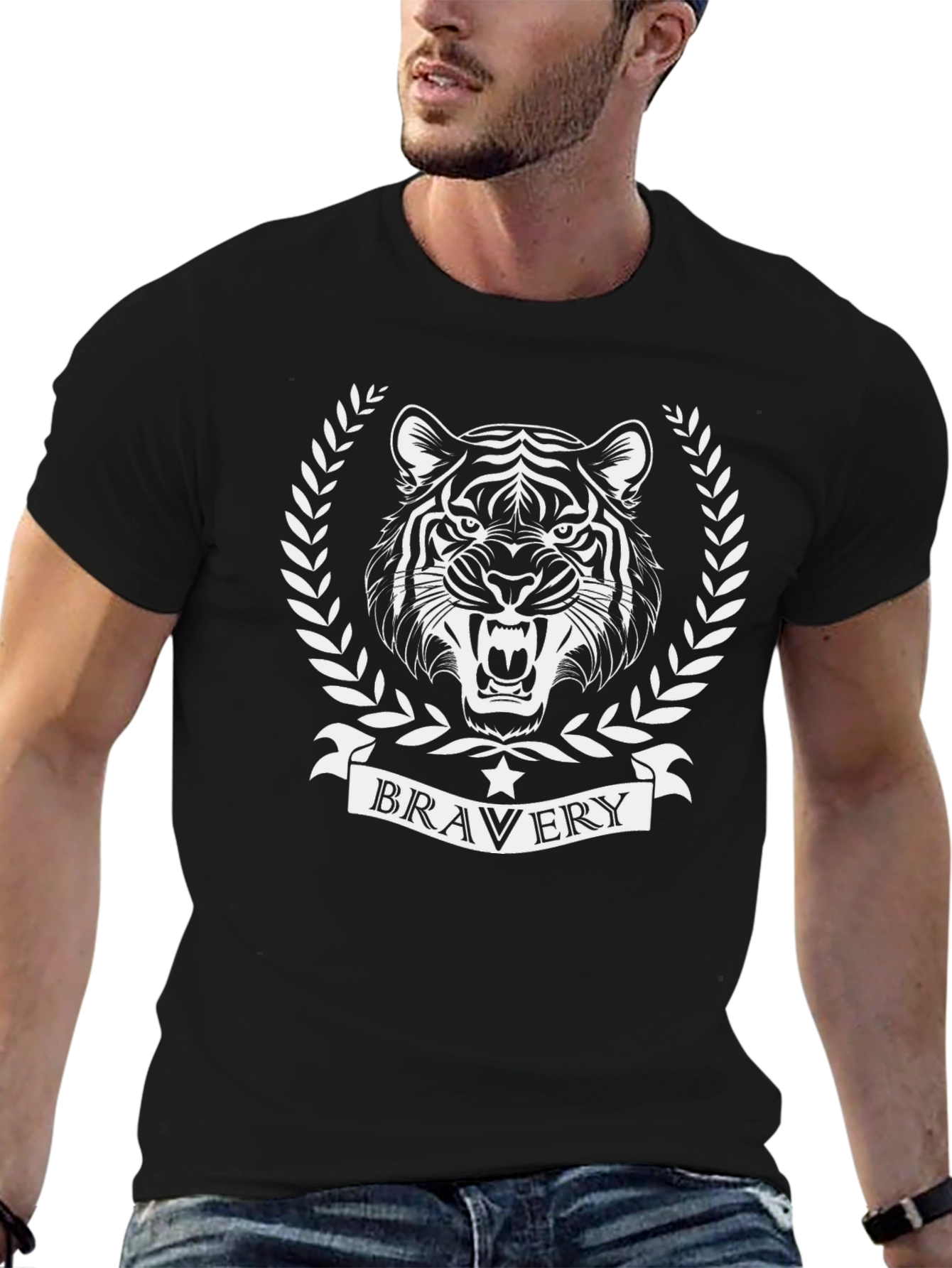 Bravery Tiger Graphic Tee - Black Cotton T-Shirt