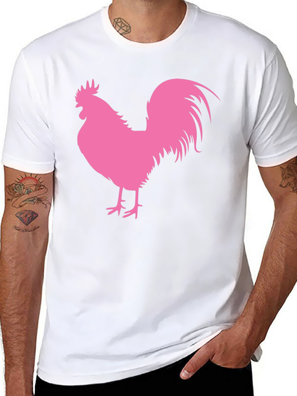 Black T-Shirt with Pink Rooster Graphic