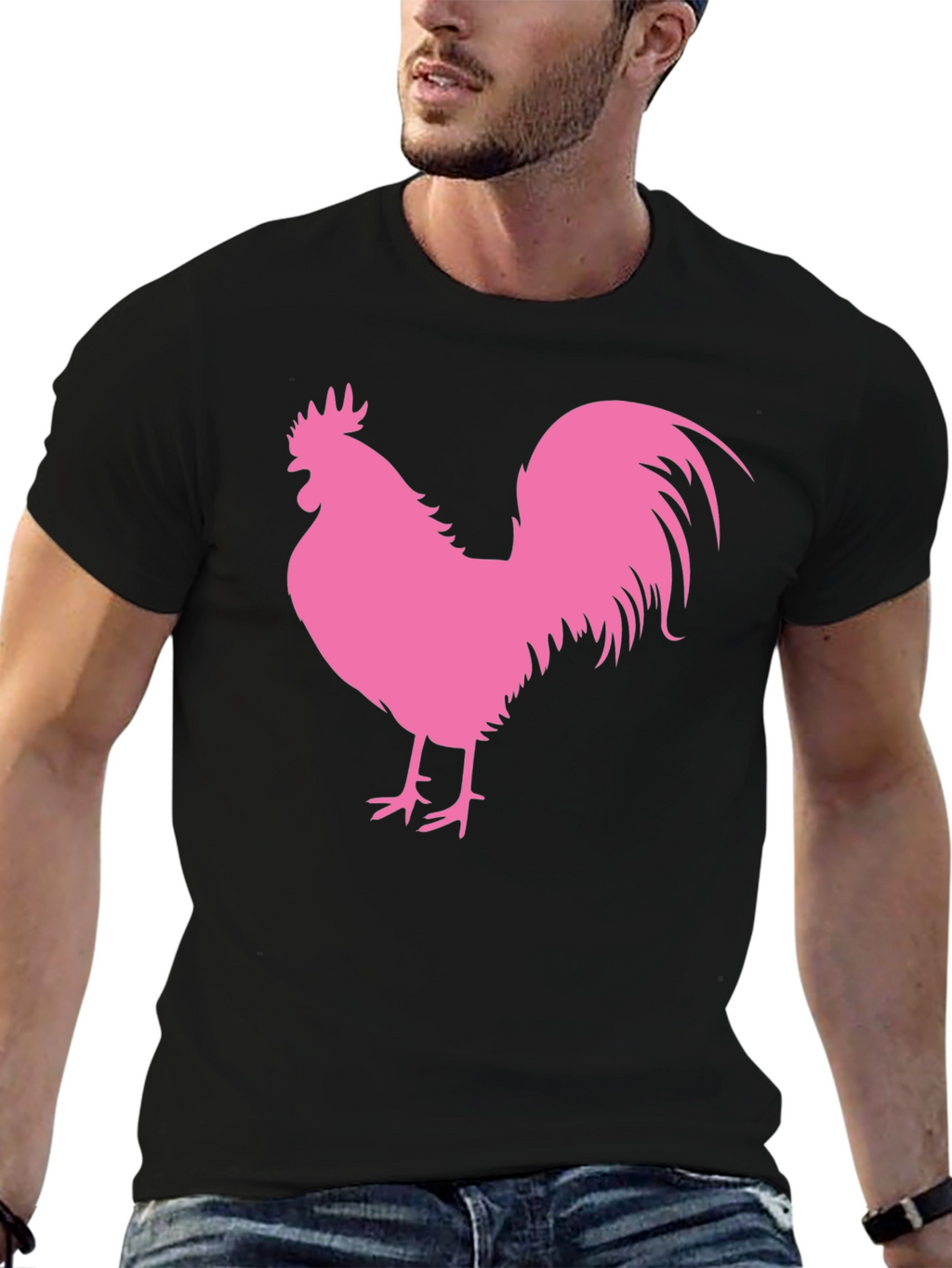 Black T-Shirt with Pink Rooster Graphic