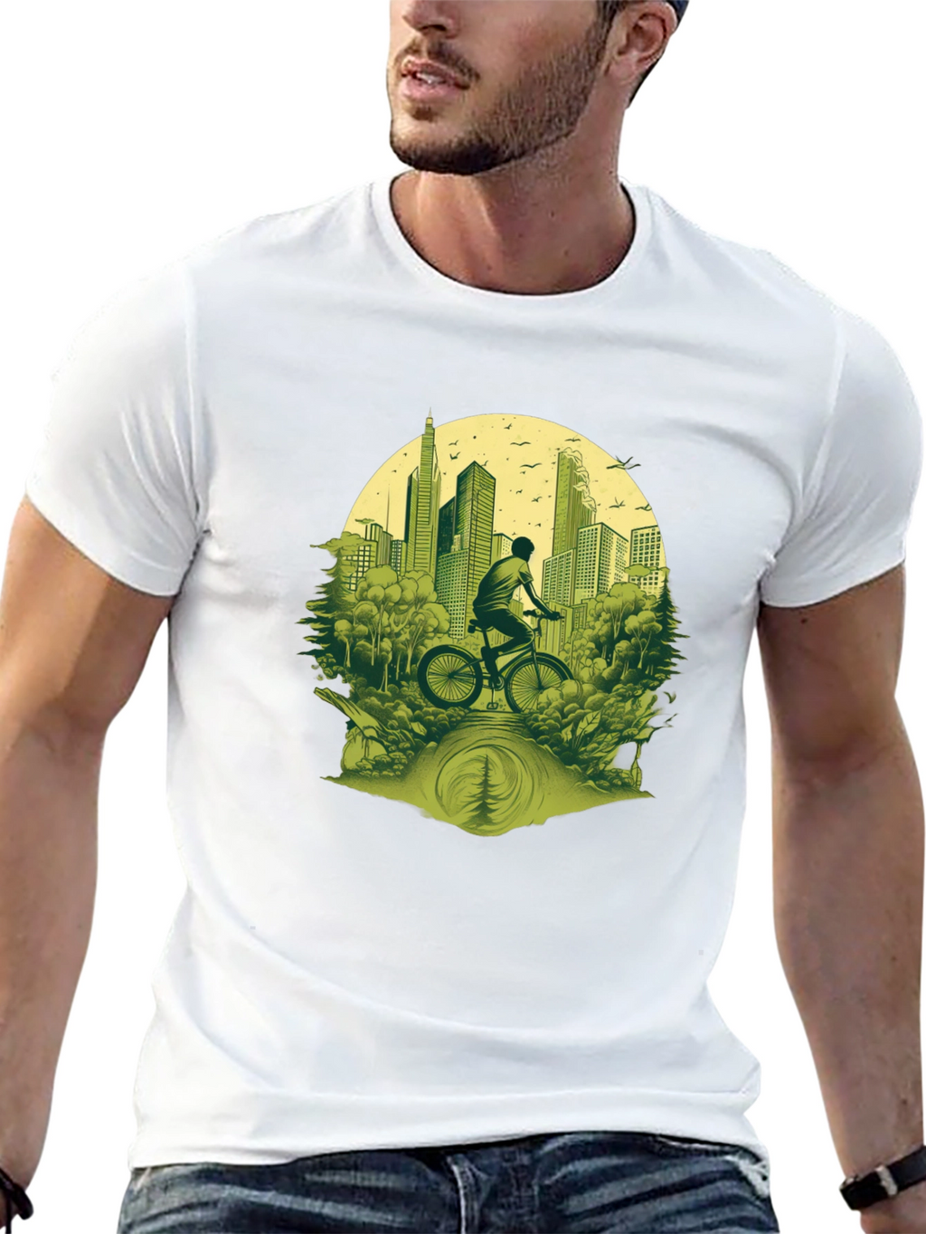 Cityscape Biker Graphic Tee - Nature Meets Urban Style