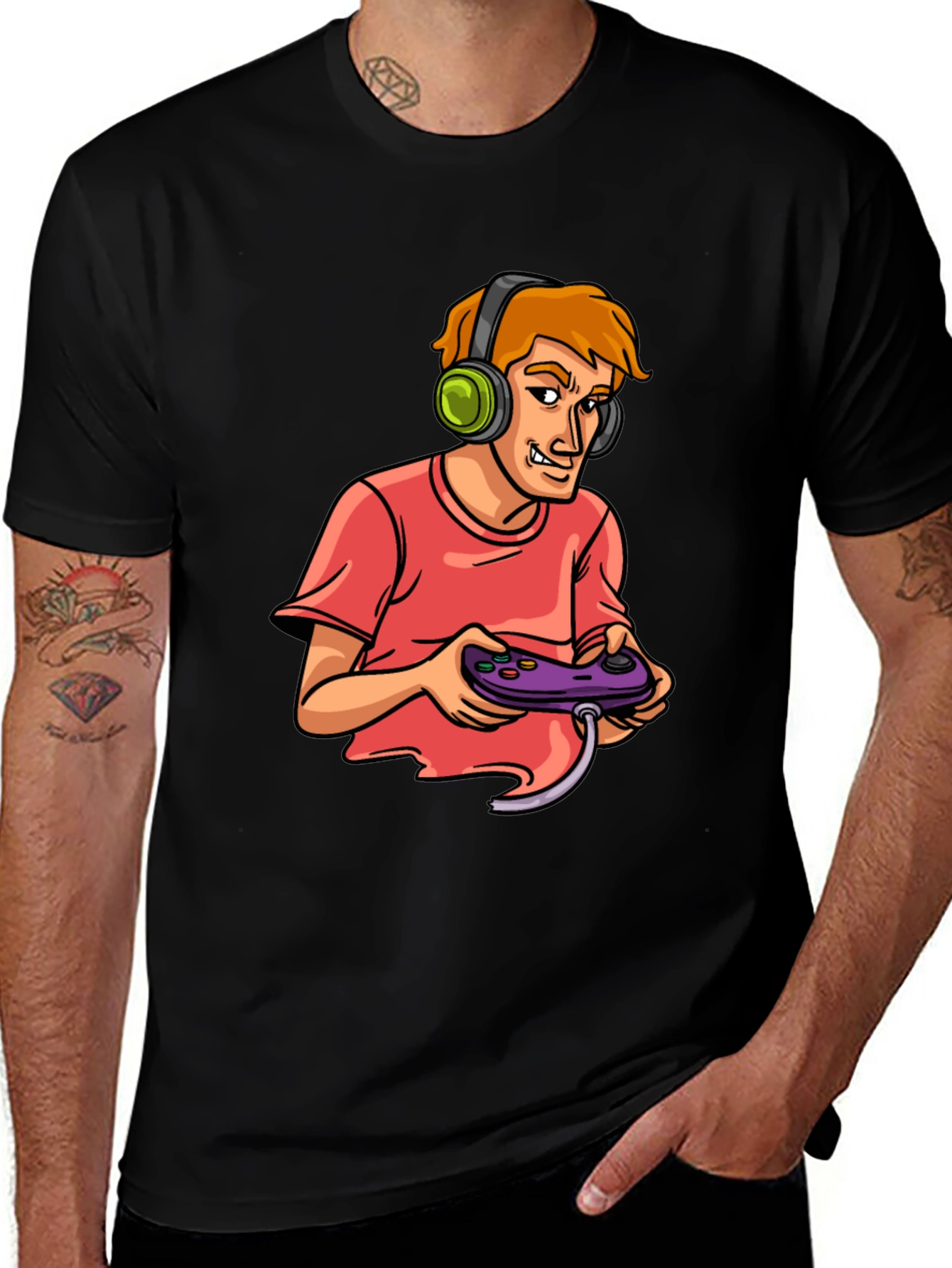 Gamer Cartoon Graphic Black T-Shirt
