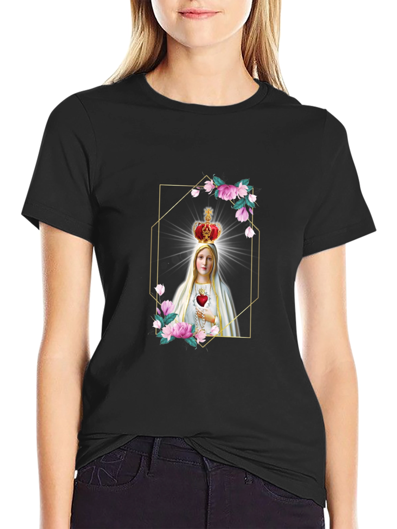 Virgin Mary Graphic Print Black T-Shirt
