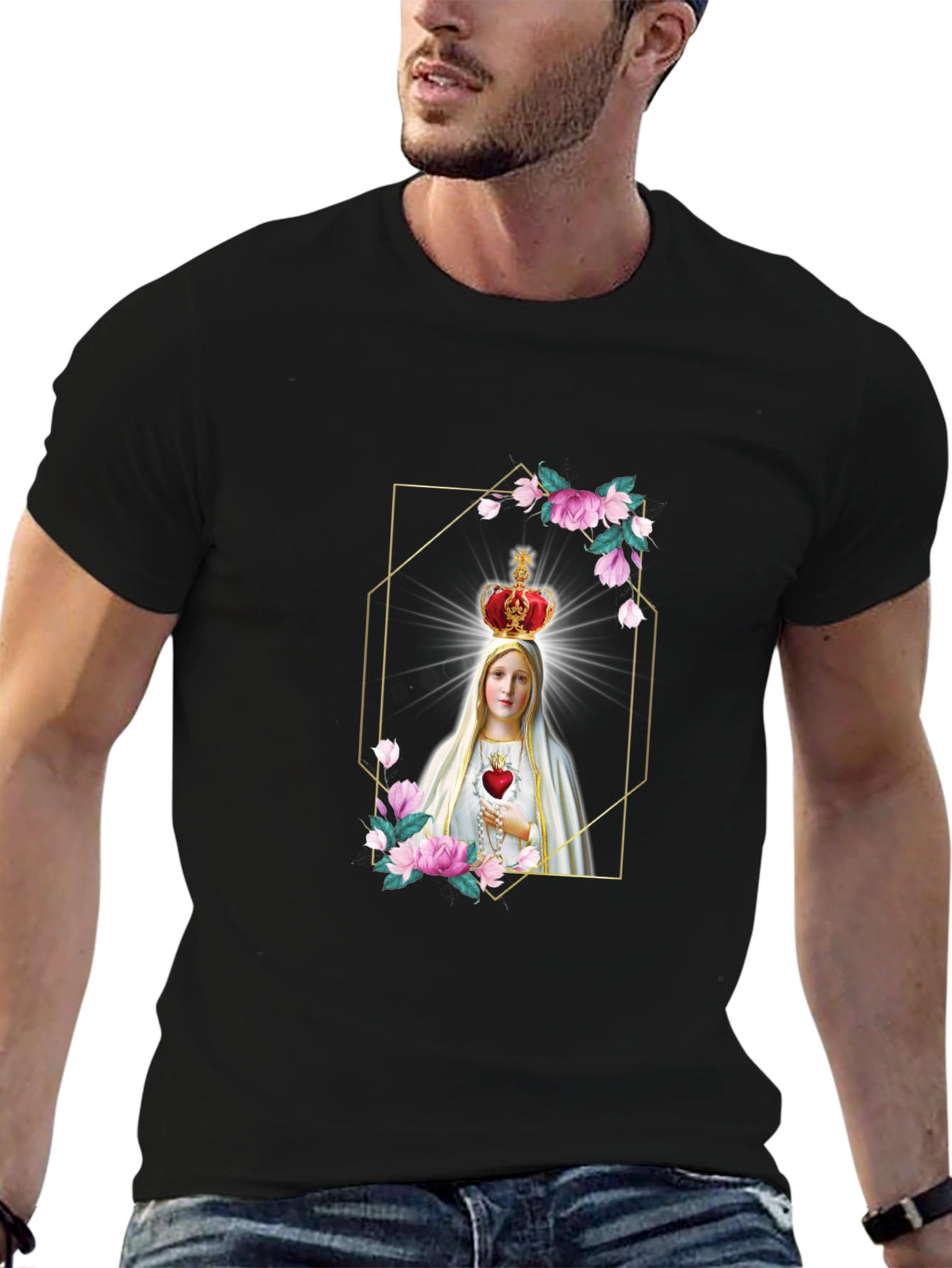 Virgin Mary Graphic Print Black T-Shirt