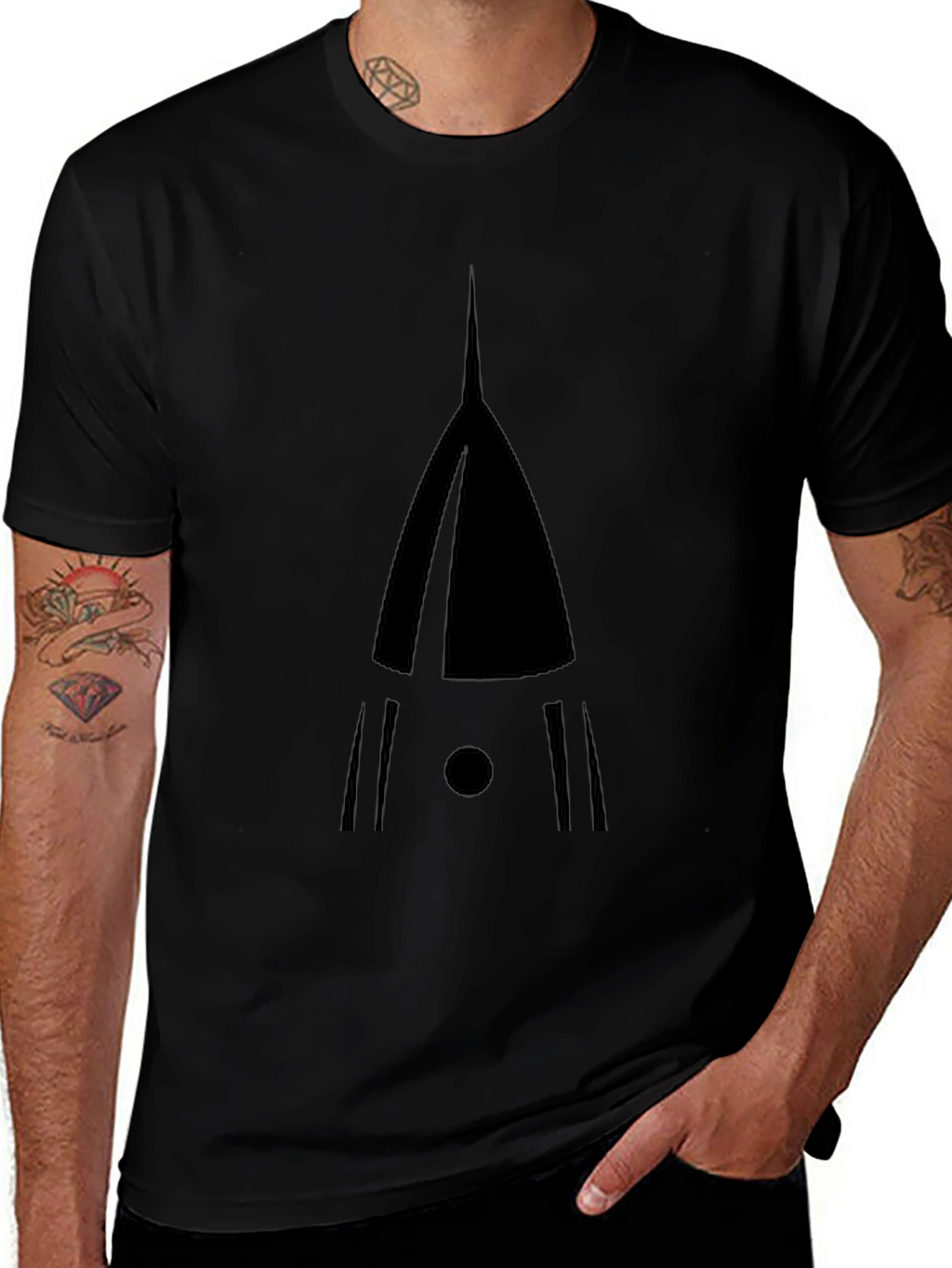 Unique Geometric Rocket Graphic Black T-Shirt