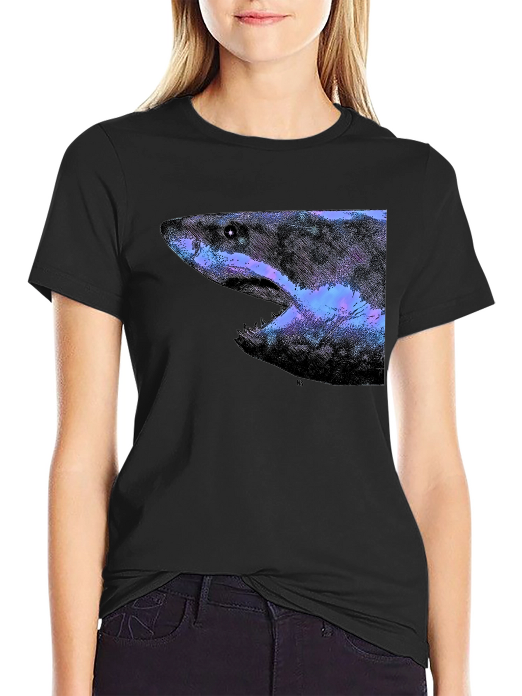 Galaxy Shark Graphic Print Black T-Shirt