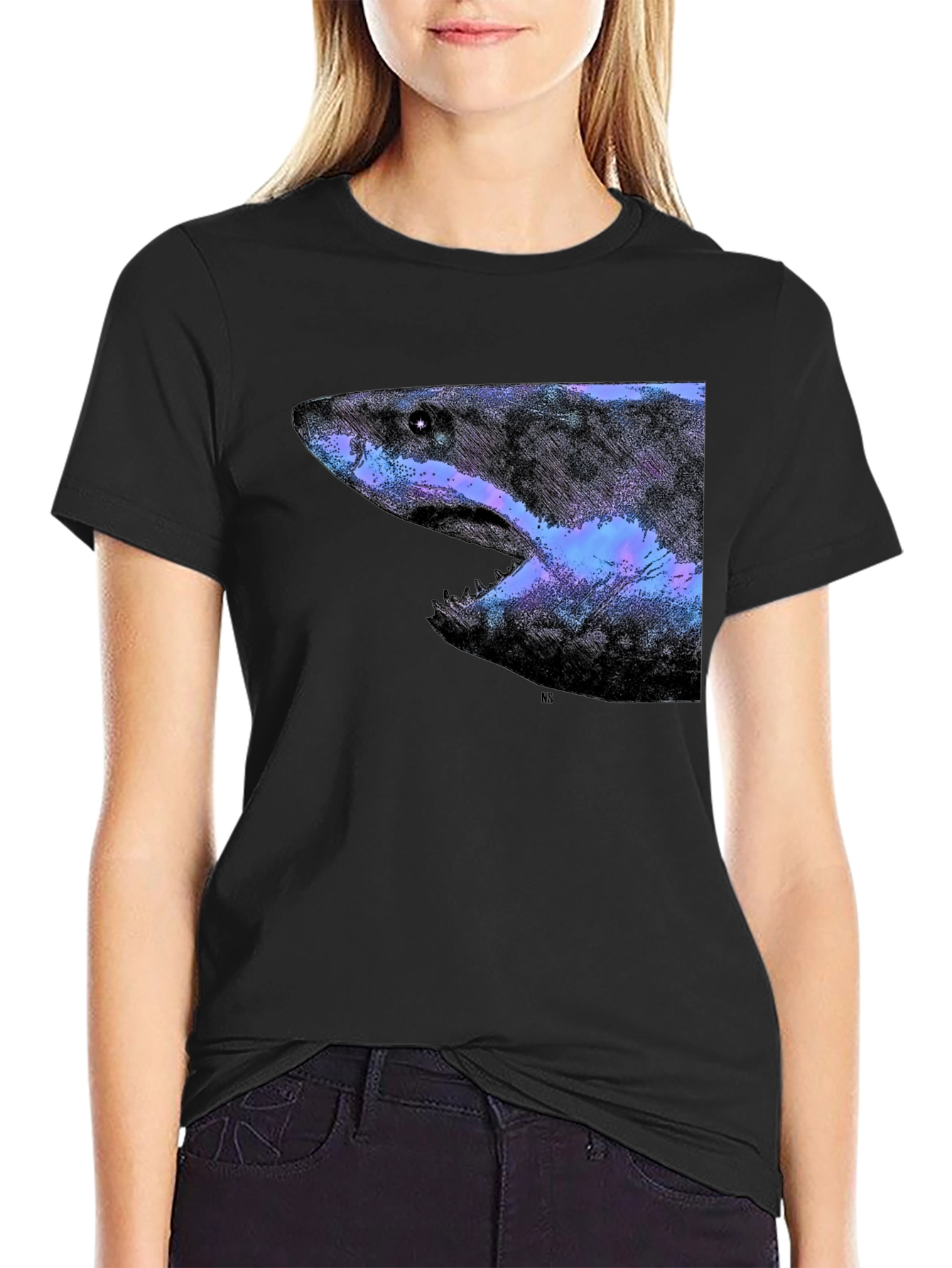 Galaxy Shark Graphic Print Black T-Shirt