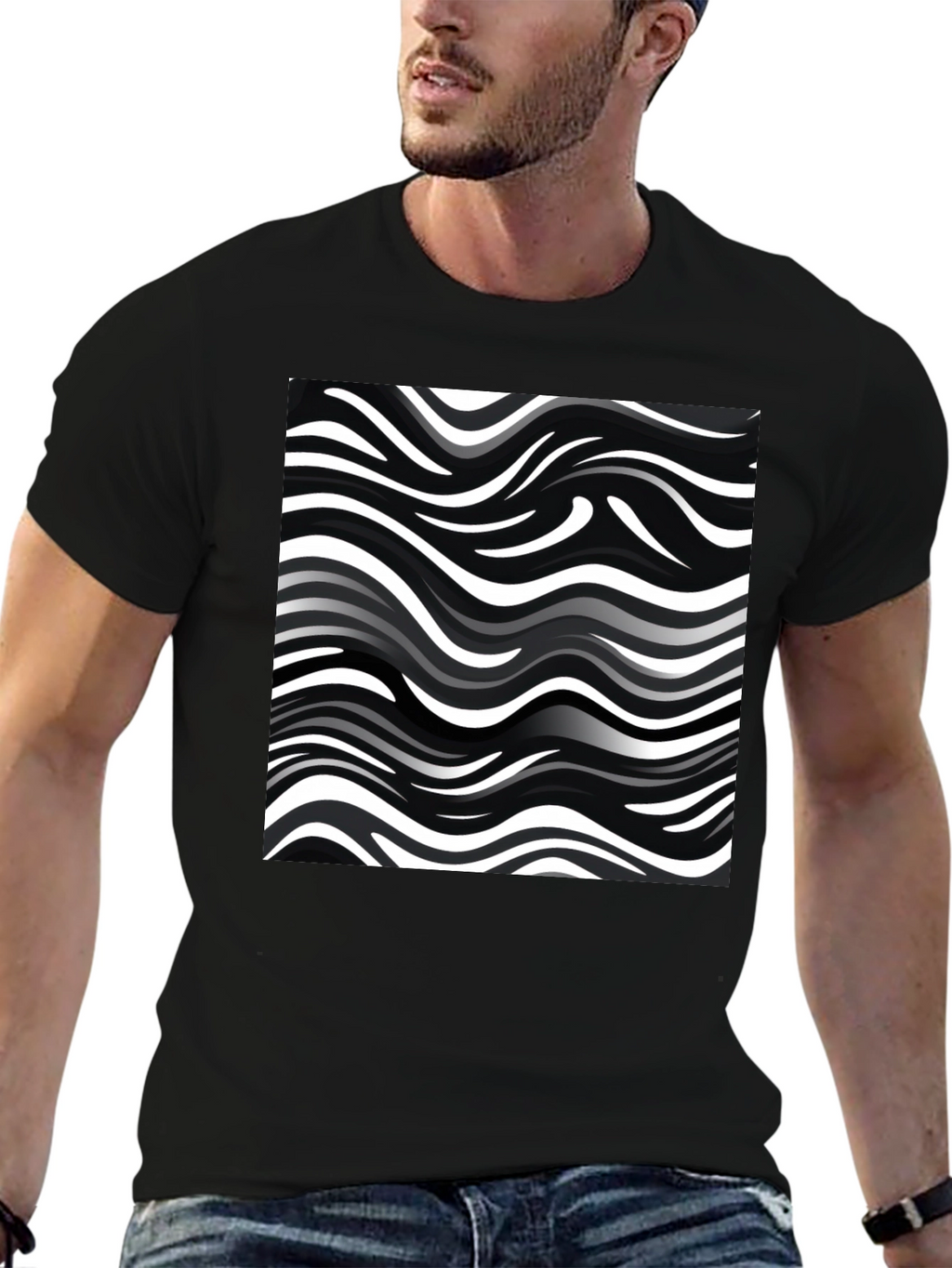 Wavy Stripe Print Black T-Shirt