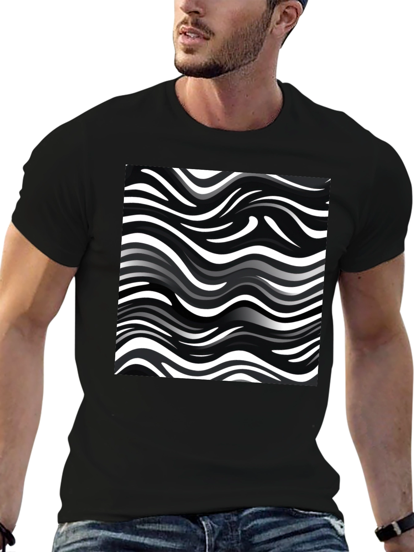 Wavy Stripe Print Black T-Shirt