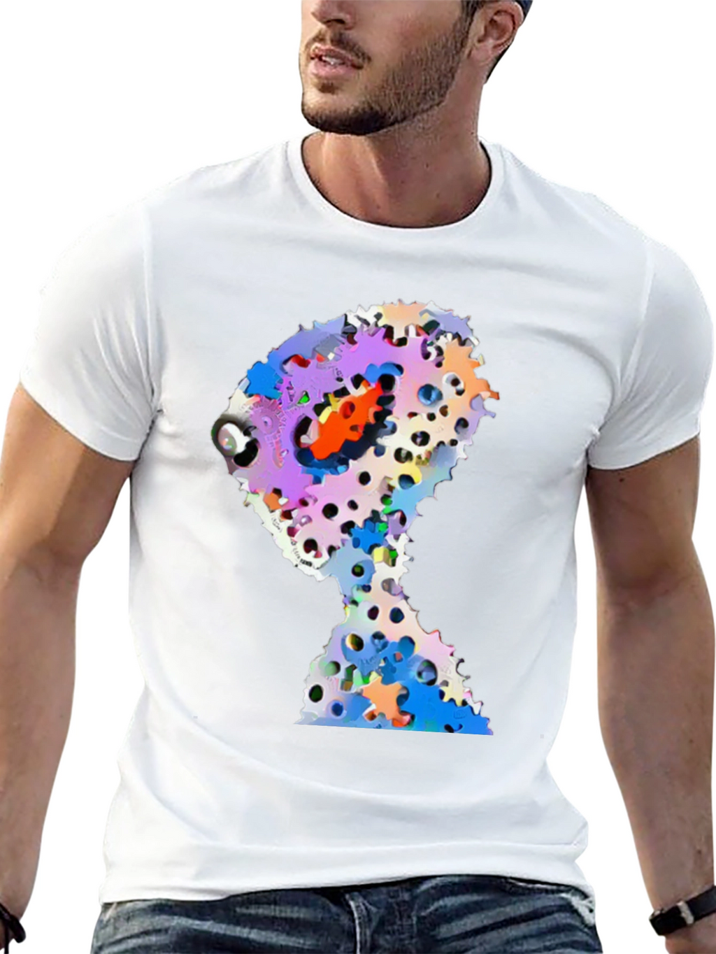 Abstract Gears Head Graphic Black Tee Shirt