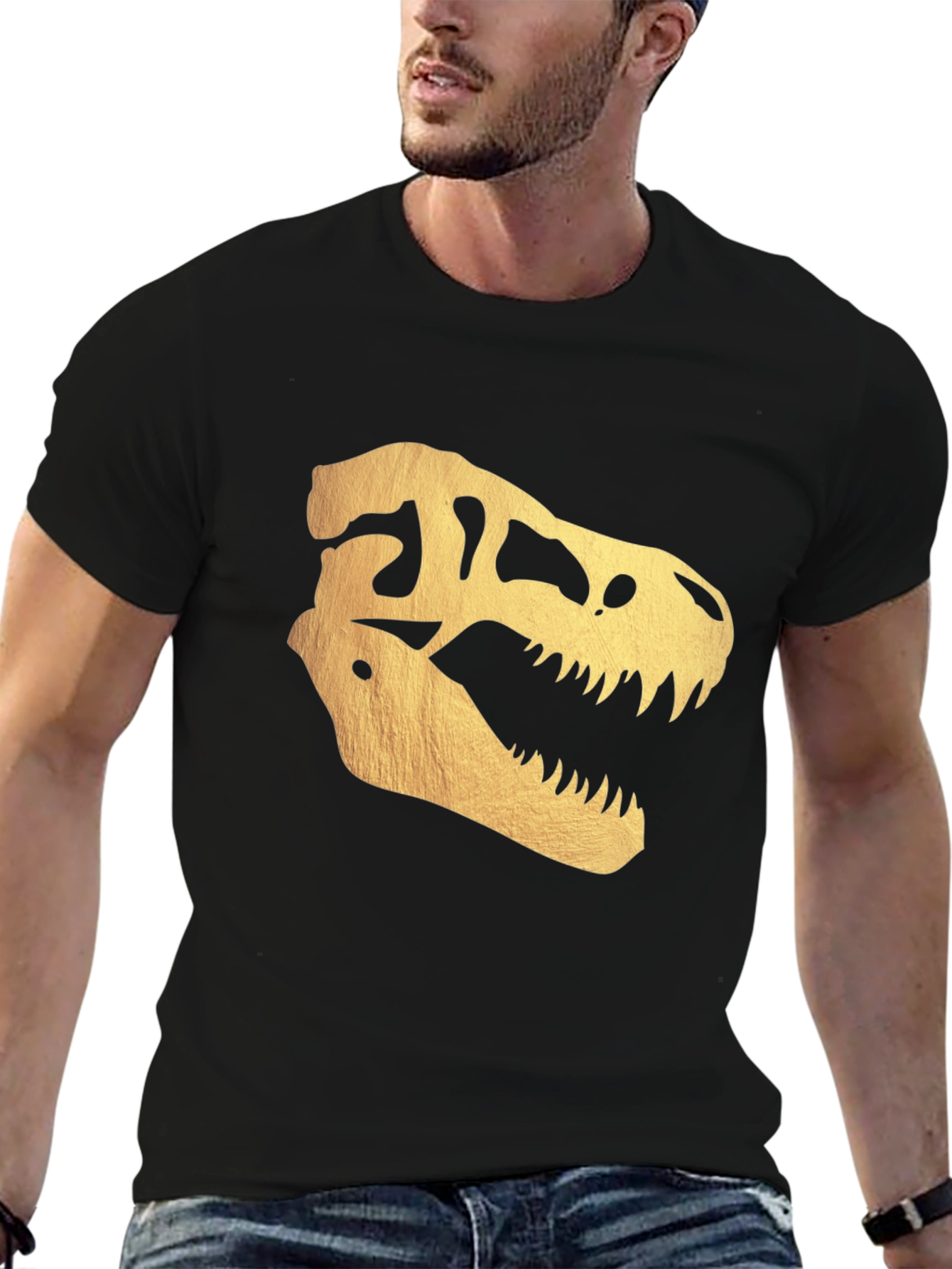 Golden Dinosaur Skull T-Shirt - Bold Graphic Tee