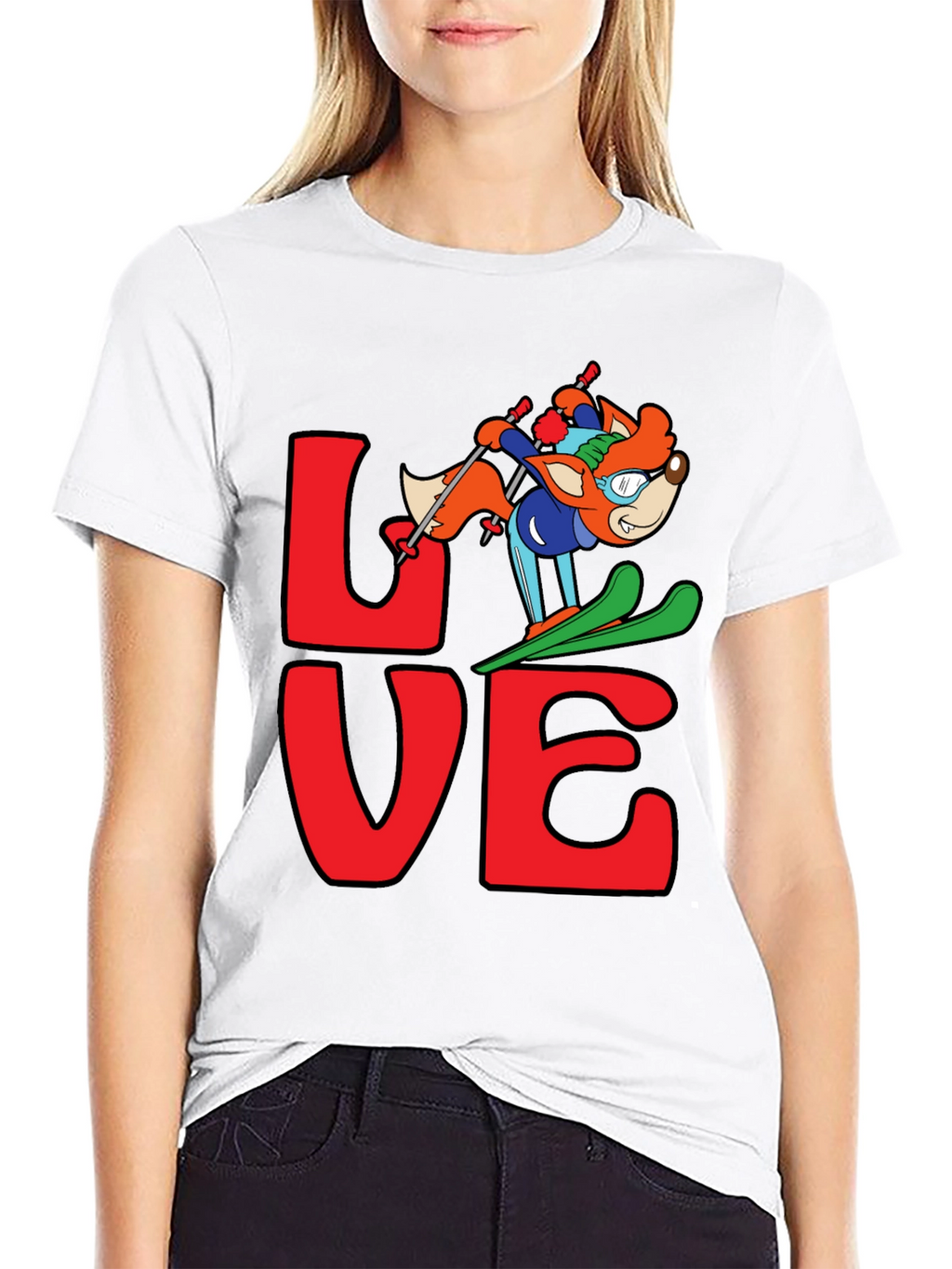 LOVE Skiing Fox Graphic T-Shirt - Black