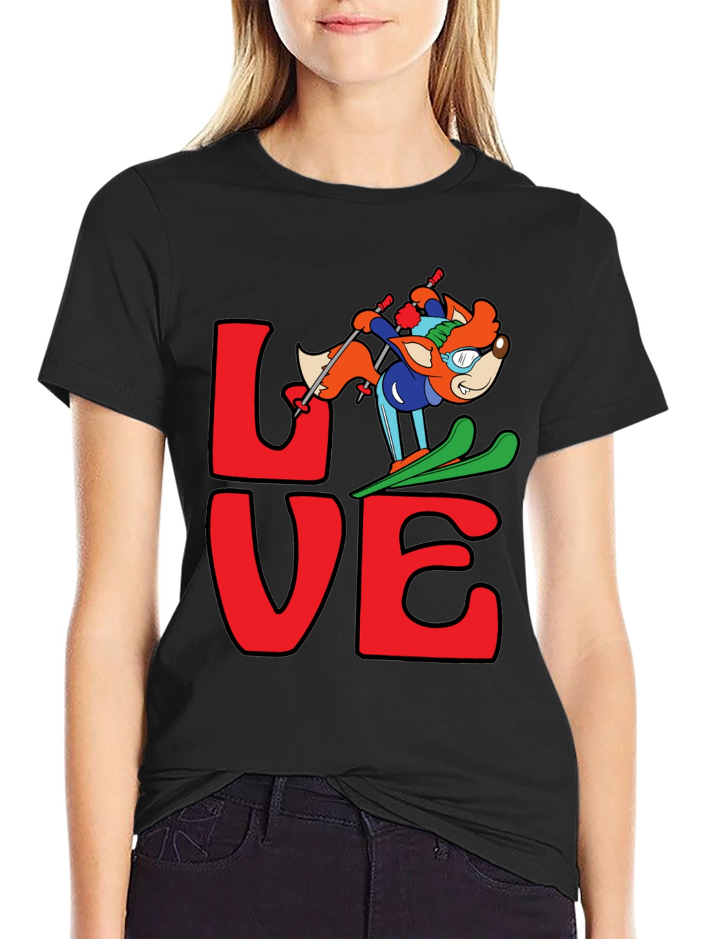 LOVE Skiing Fox Graphic T-Shirt - Black