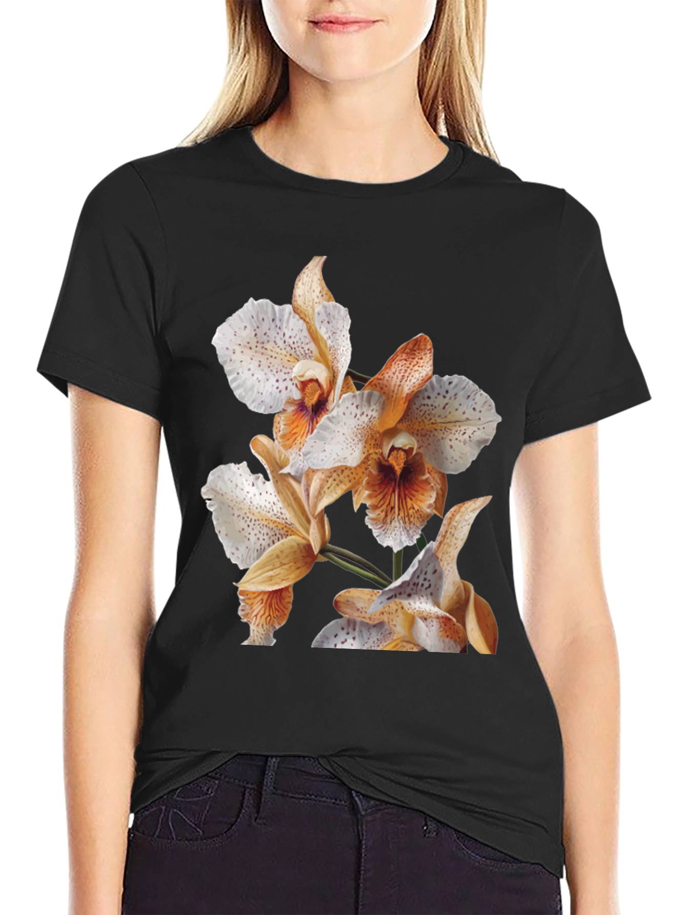 Floral Orchid Graphic T-Shirt - Classic Black