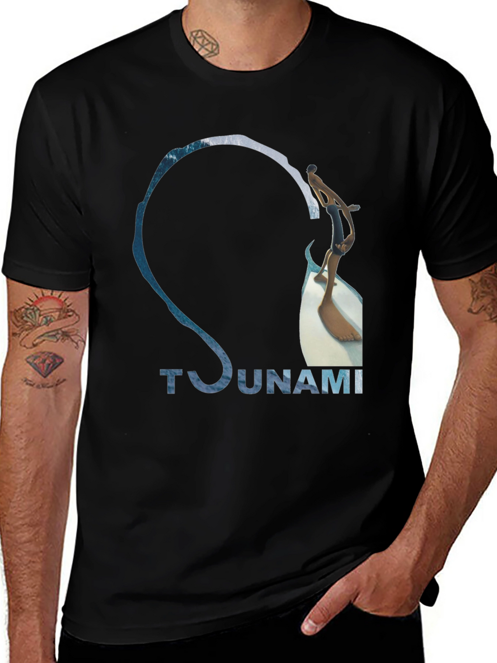 Tsunami Wave Design Black Cotton T-Shirt