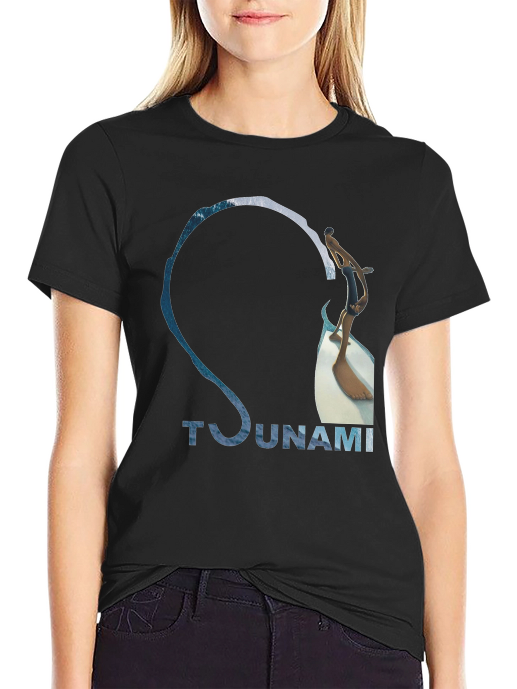 Tsunami Wave Design Black Cotton T-Shirt