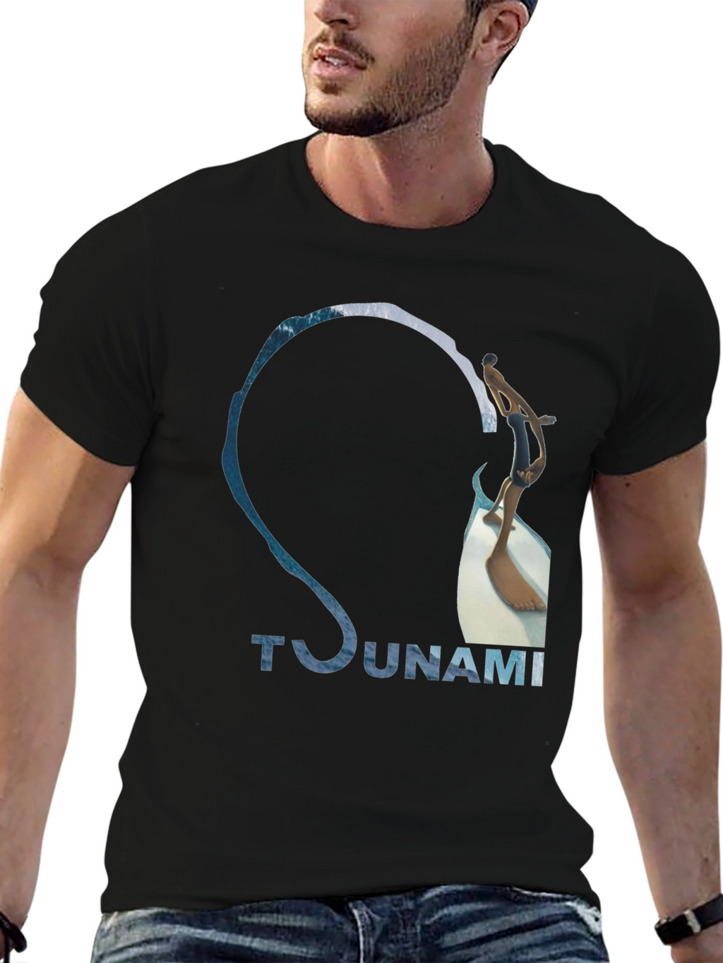 Tsunami Wave Design Black Cotton T-Shirt