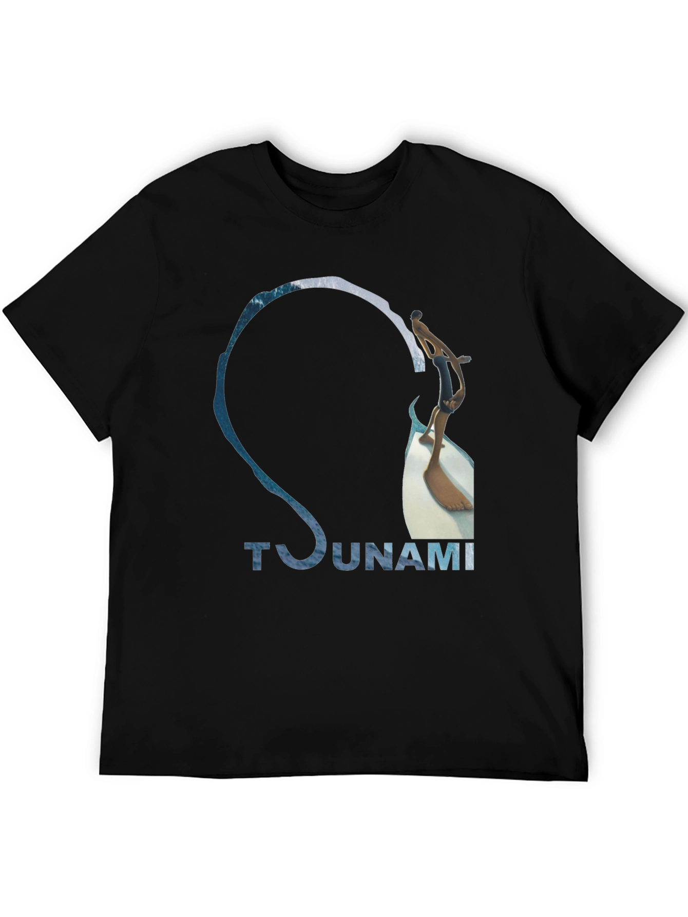 Tsunami Wave Design Black Cotton T-Shirt