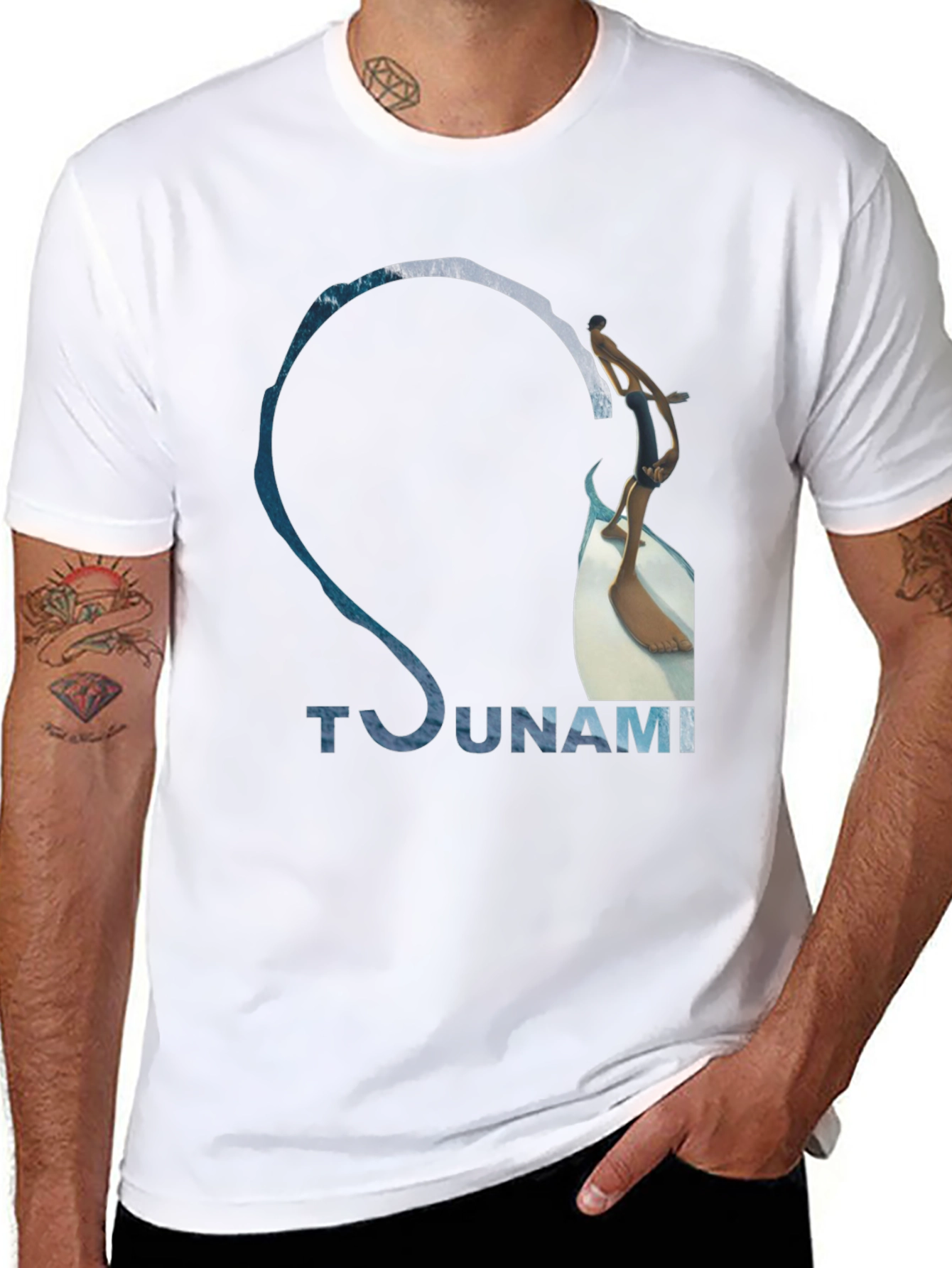 Tsunami Wave Design Black Cotton T-Shirt