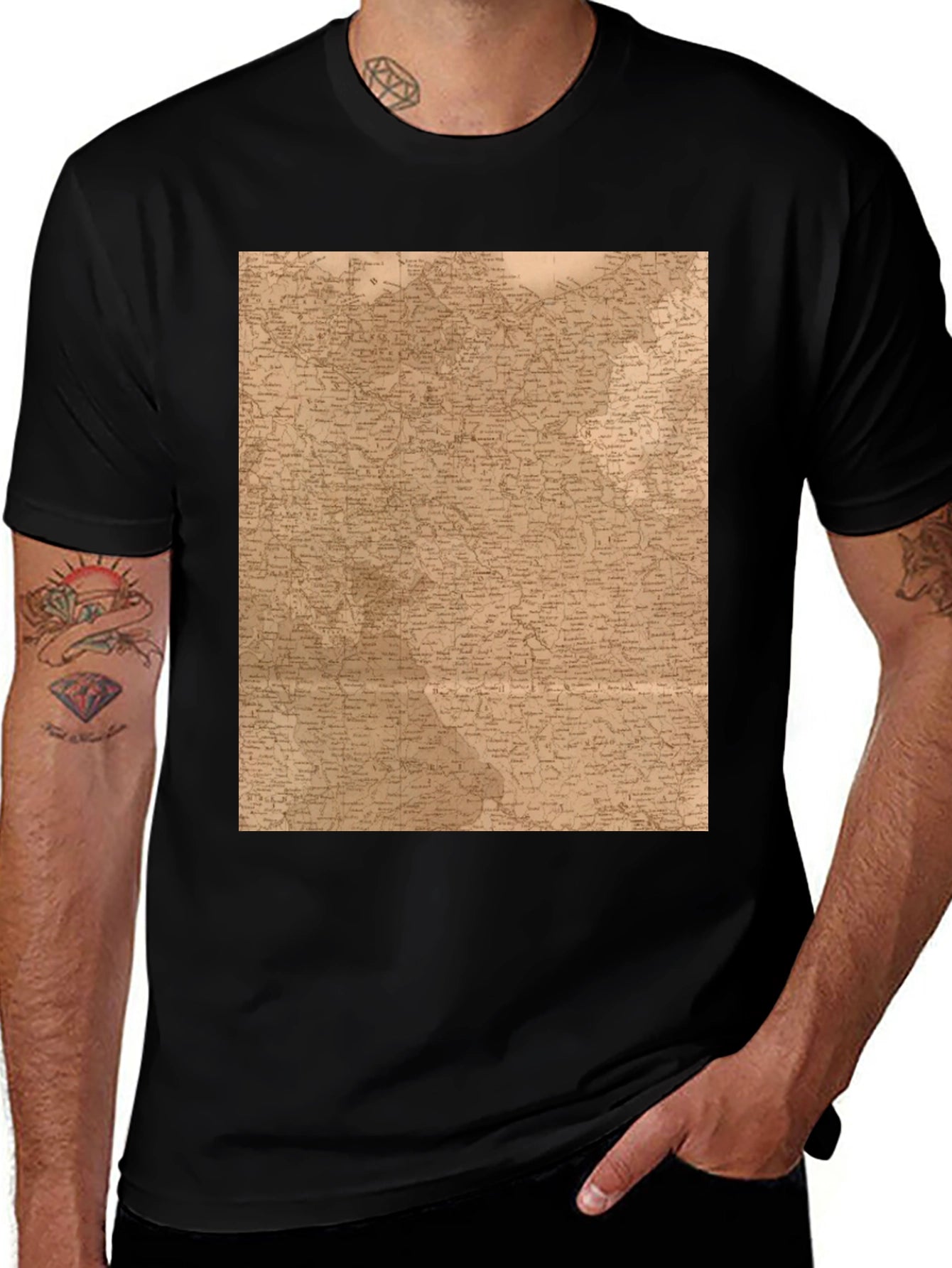 Vintage Map Graphic Tee - Unique Black T-Shirt