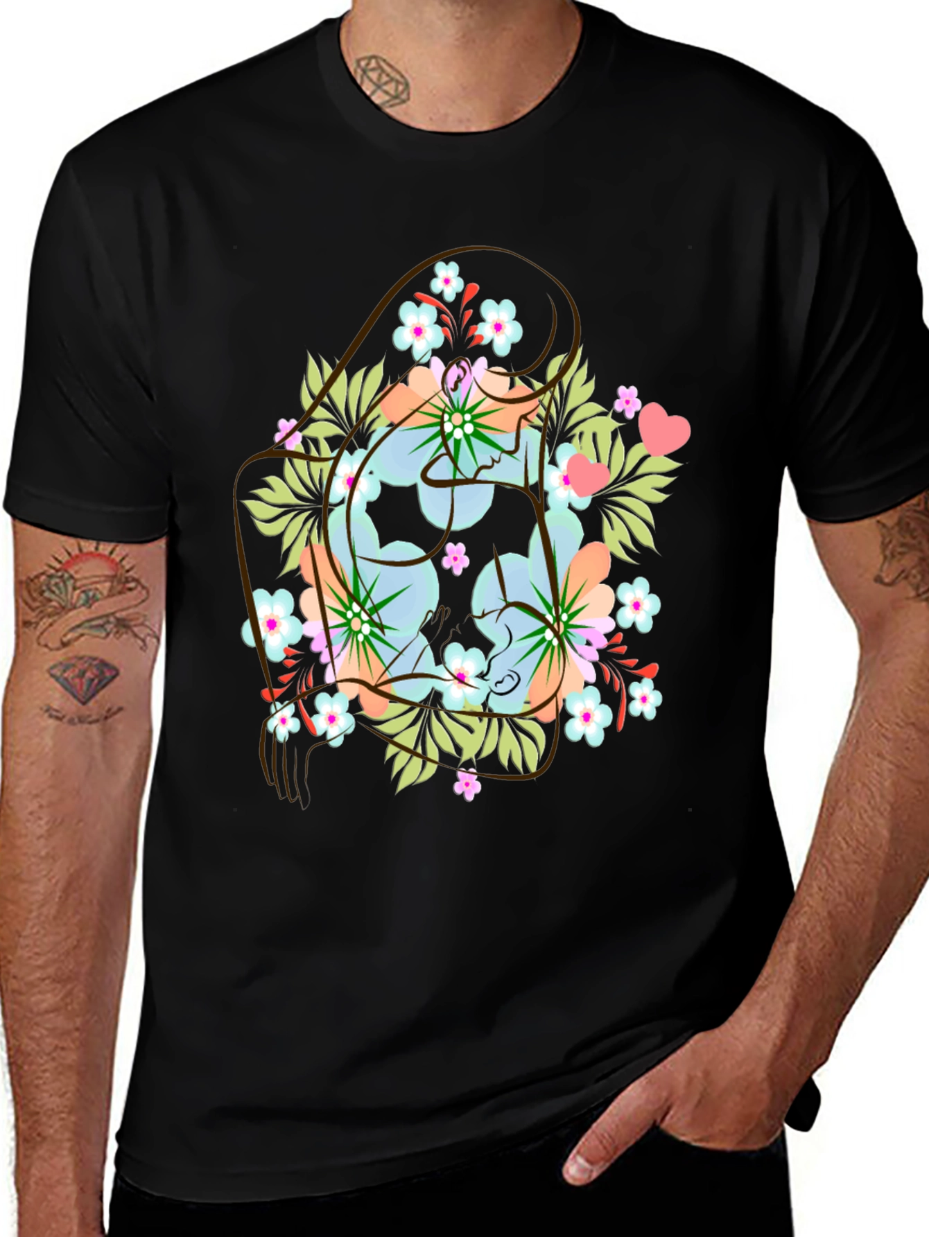Floral Yin Yang Mens Graphic Tee - Black