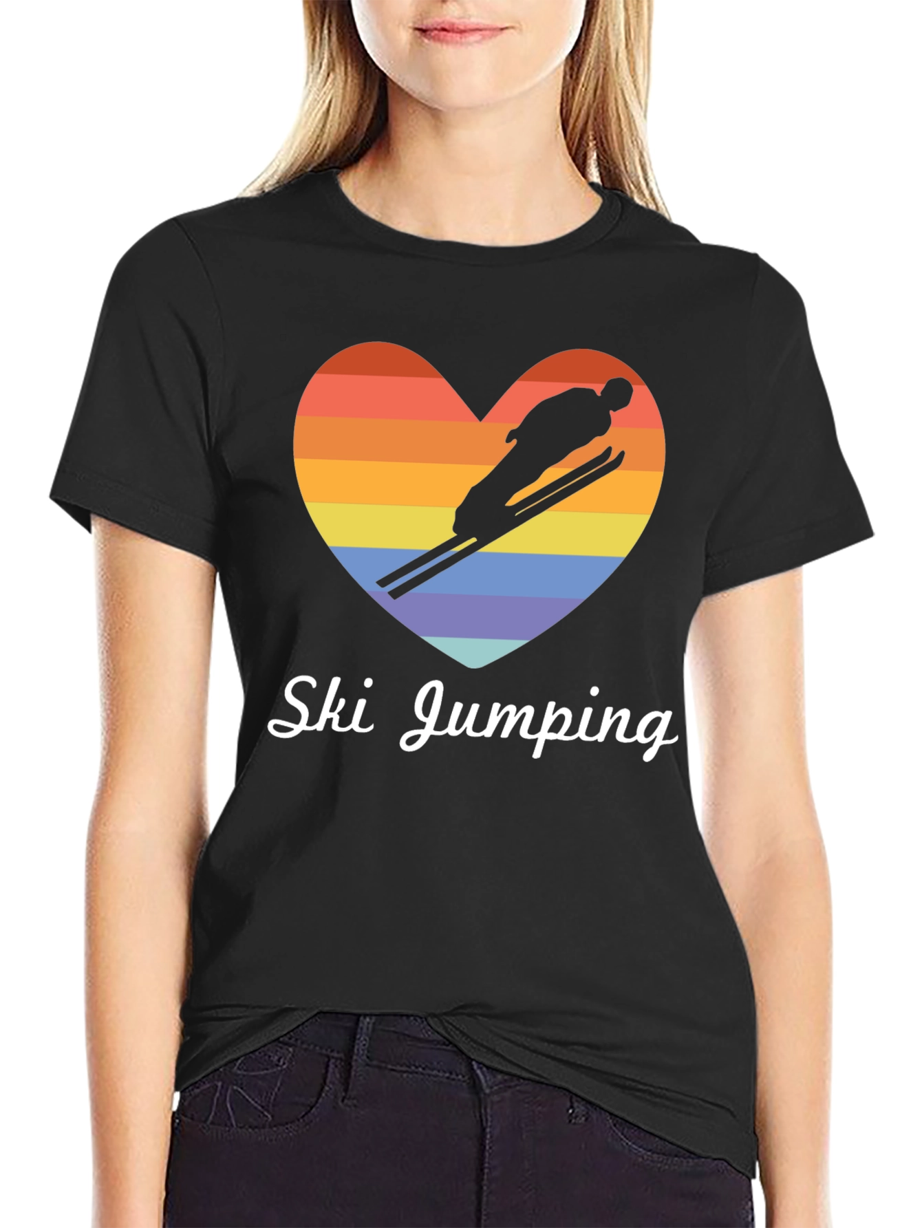 Ski Jumping Heart Graphic Tee - Black Cotton T-Shirt