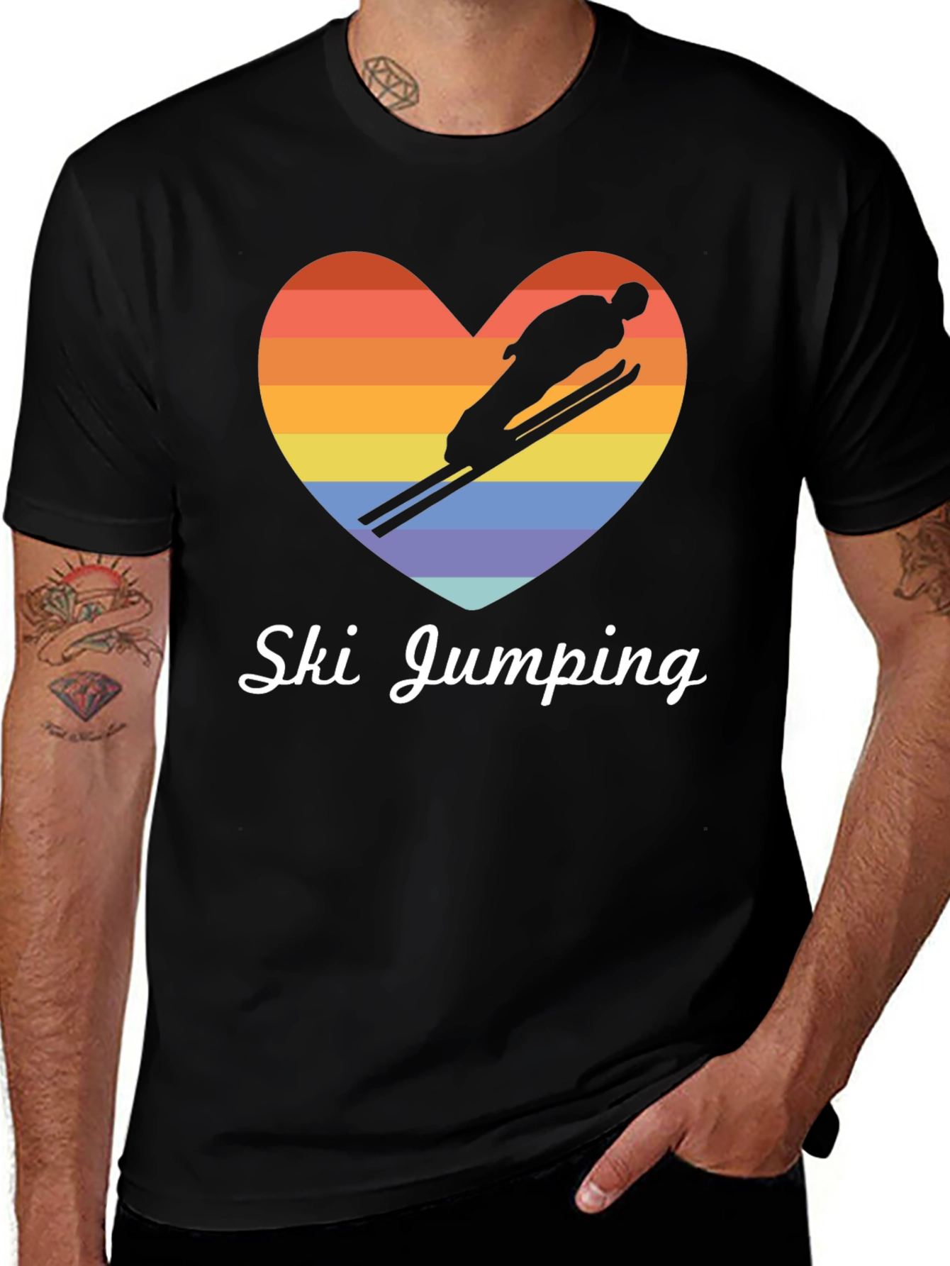 Ski Jumping Heart Graphic Tee - Black Cotton T-Shirt