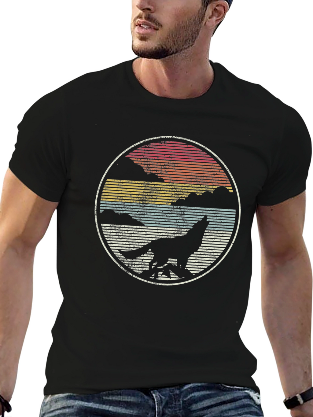 Wolf Howl Sunset Tee - Retro Style