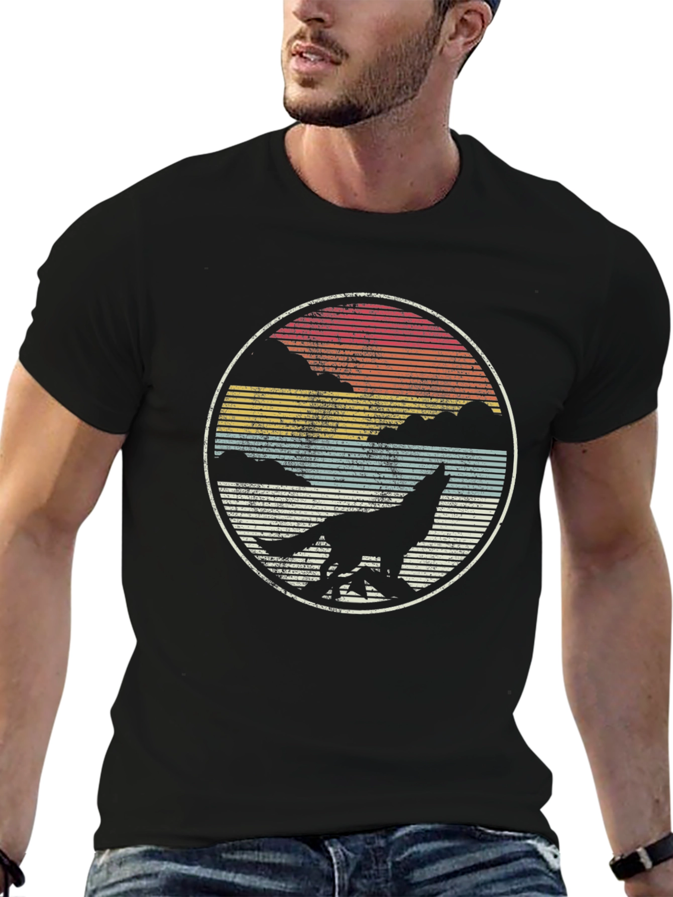 Wolf Howl Sunset Tee - Retro Style