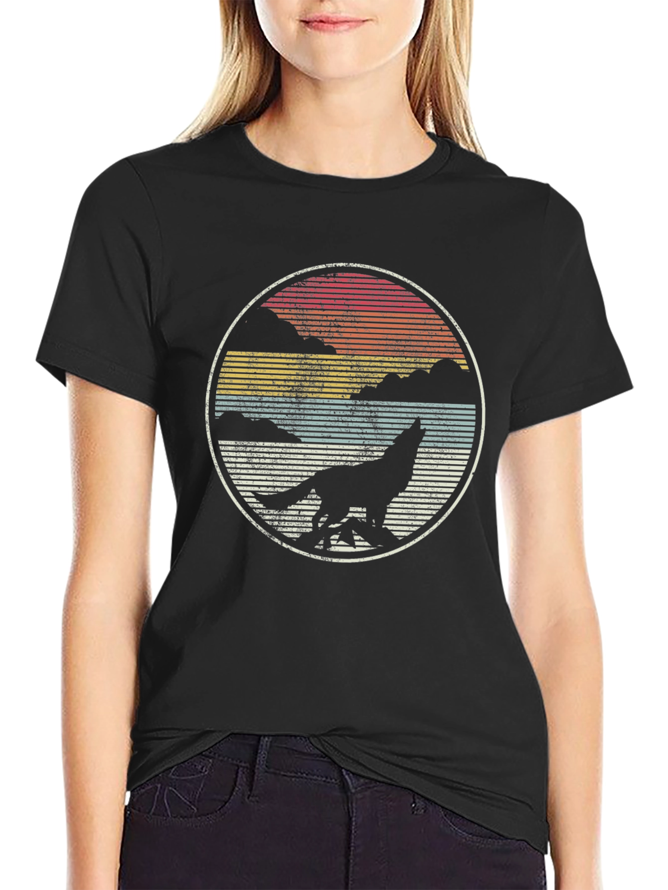Wolf Howl Sunset Tee - Retro Style
