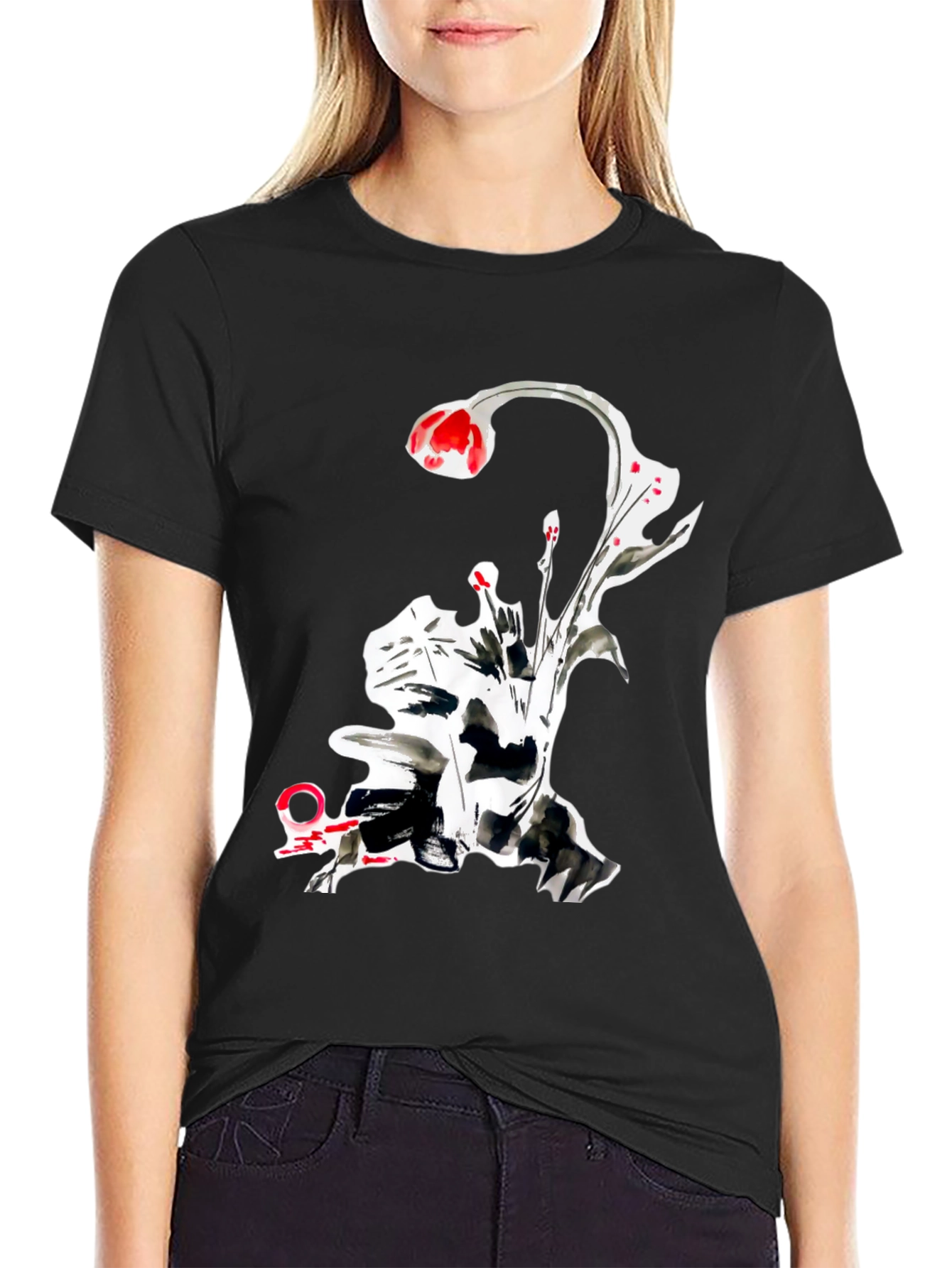 Abstract Floral Graphic Tee - Black
