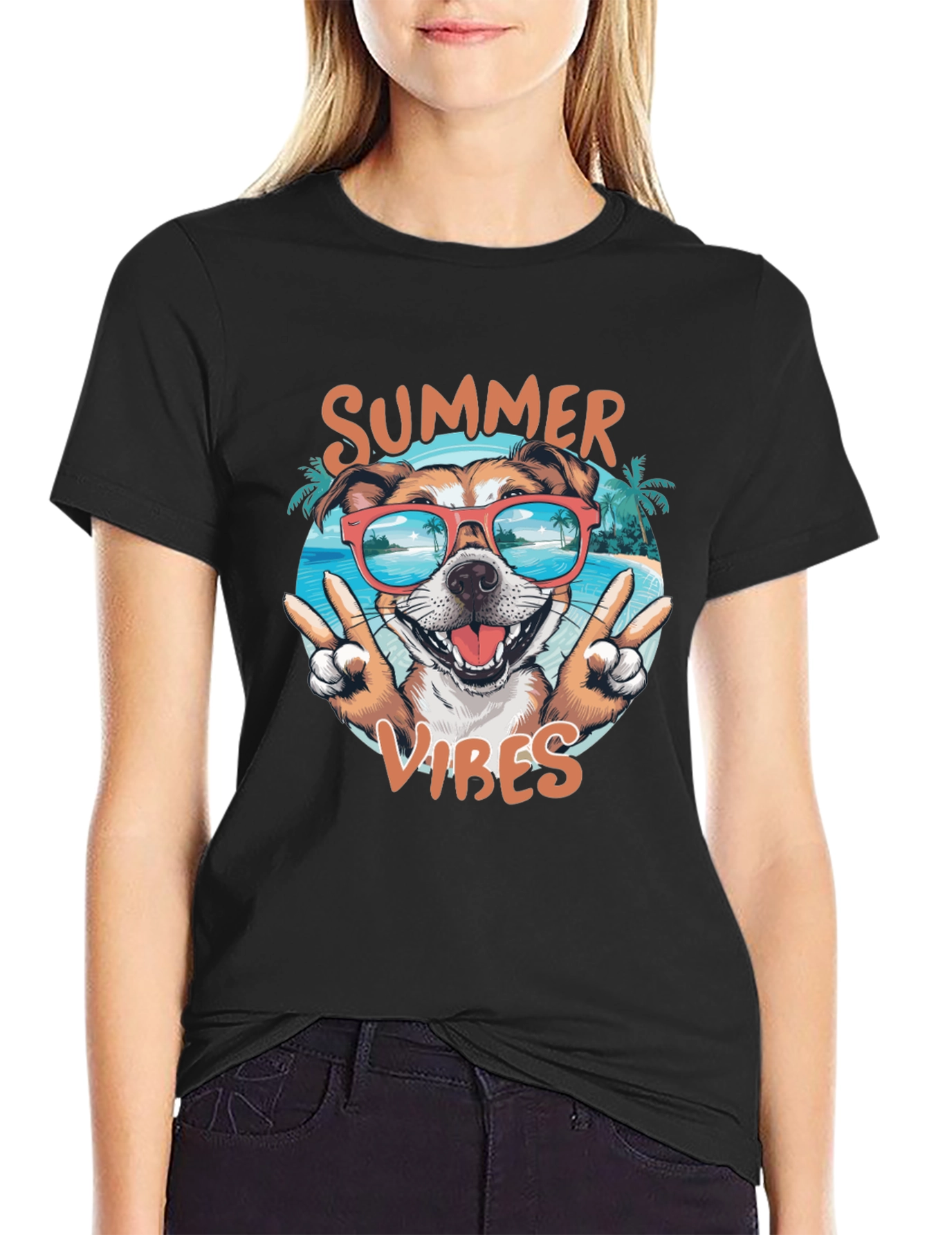 Summer Vibes Dog Graphic Tee - Casual Black T-Shirt
