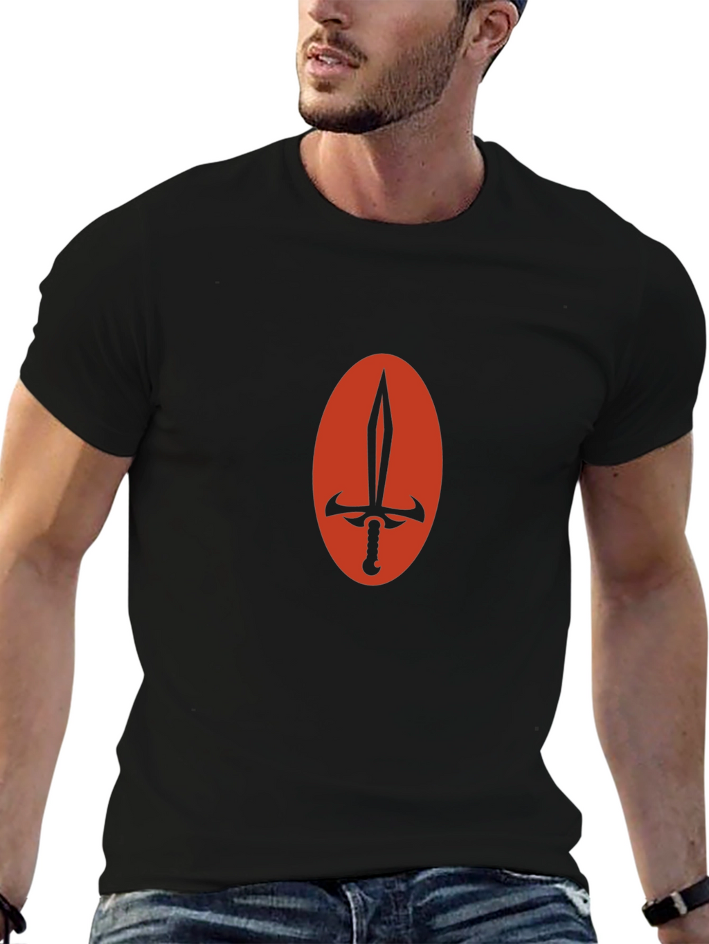 Black T-Shirt with Sword Oval Design