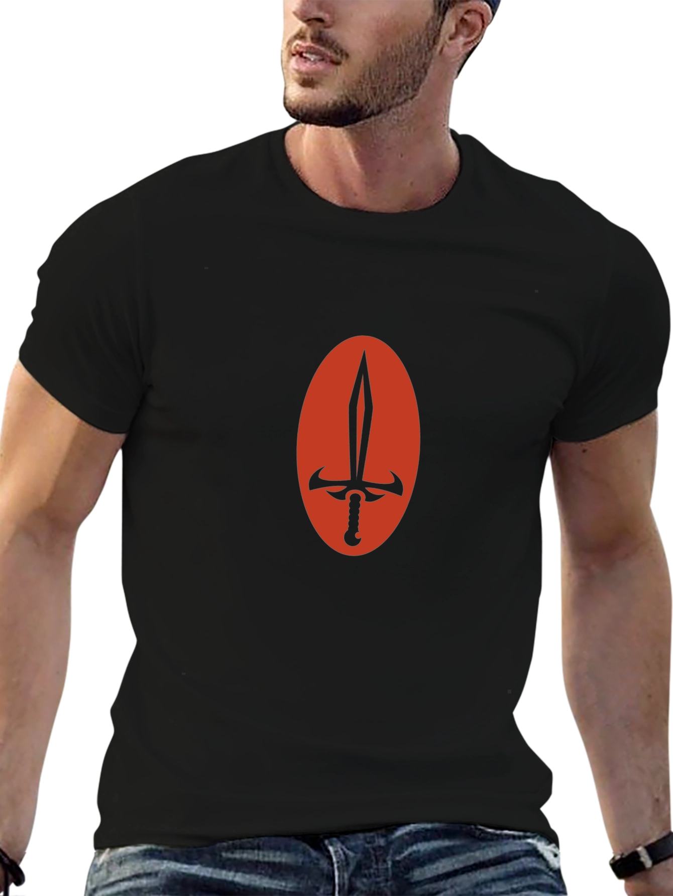 Black T-Shirt with Sword Oval Design
