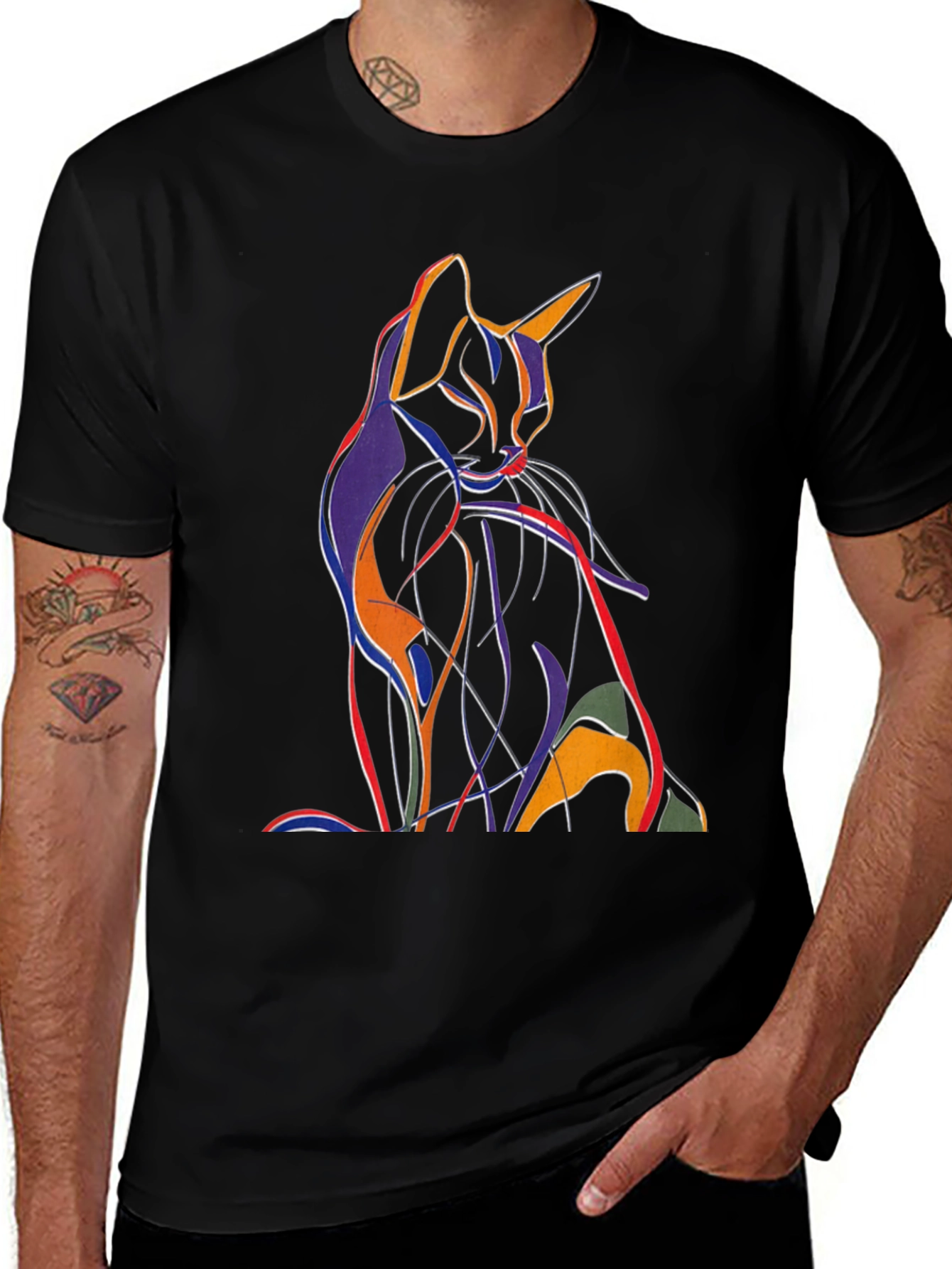 Abstract Cat Graphic T-Shirt - Artistic Mens Tee