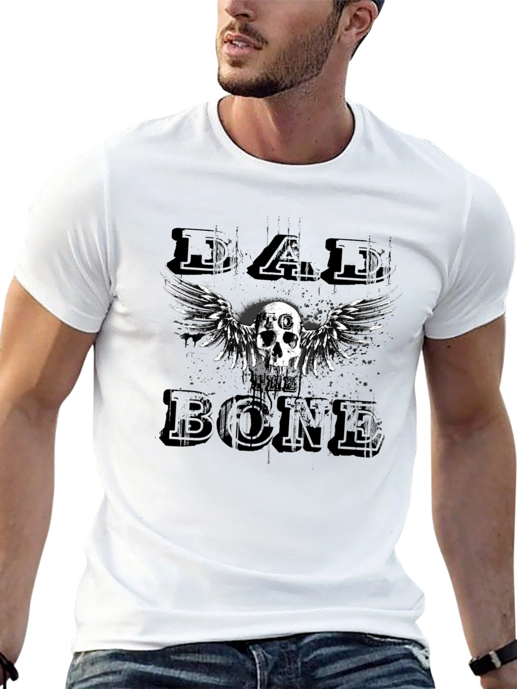 Dad Bone Skull Wings Graphic Black T-Shirt