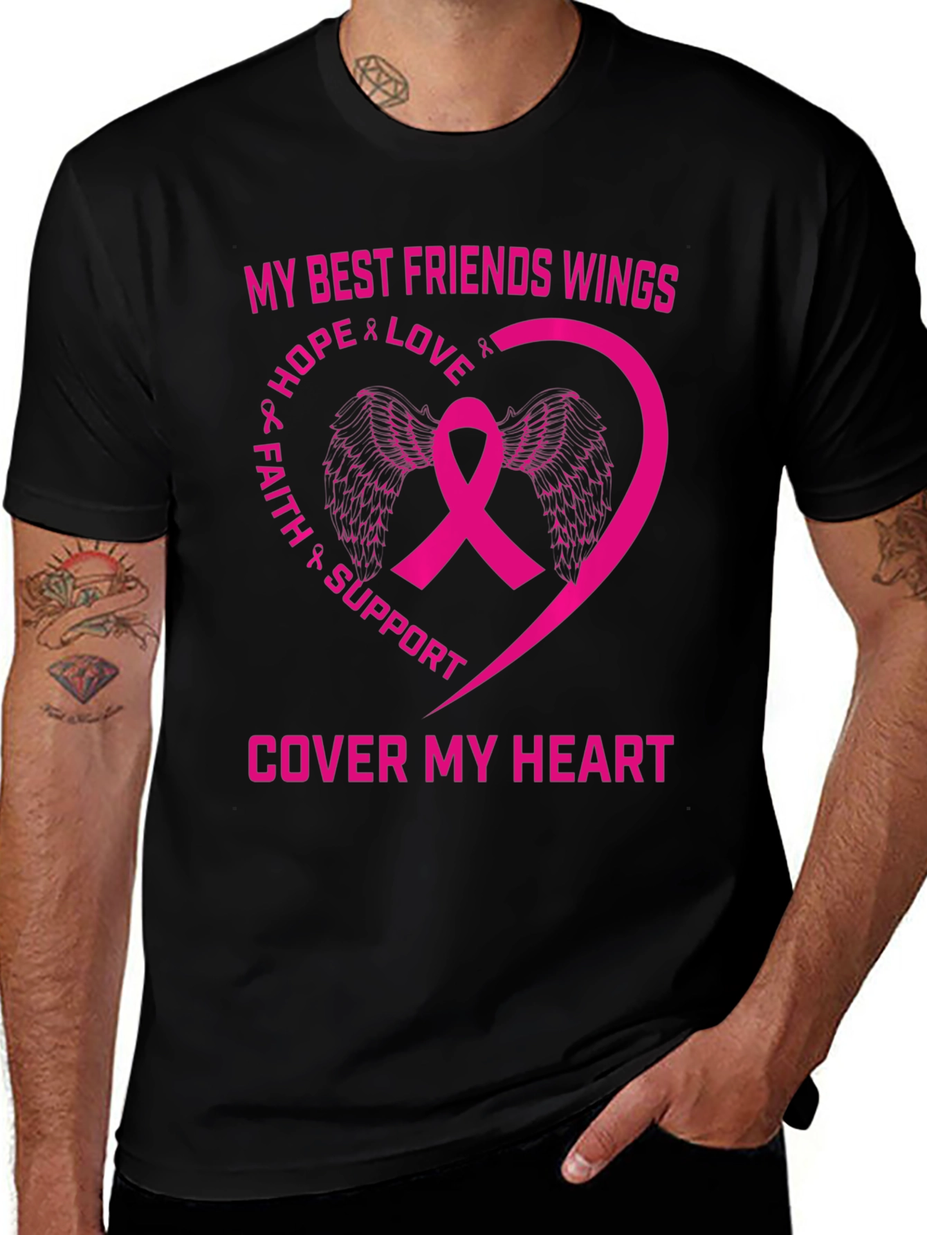 Breast Cancer Awareness T-Shirt: My Best Friends Wings Cover My Heart