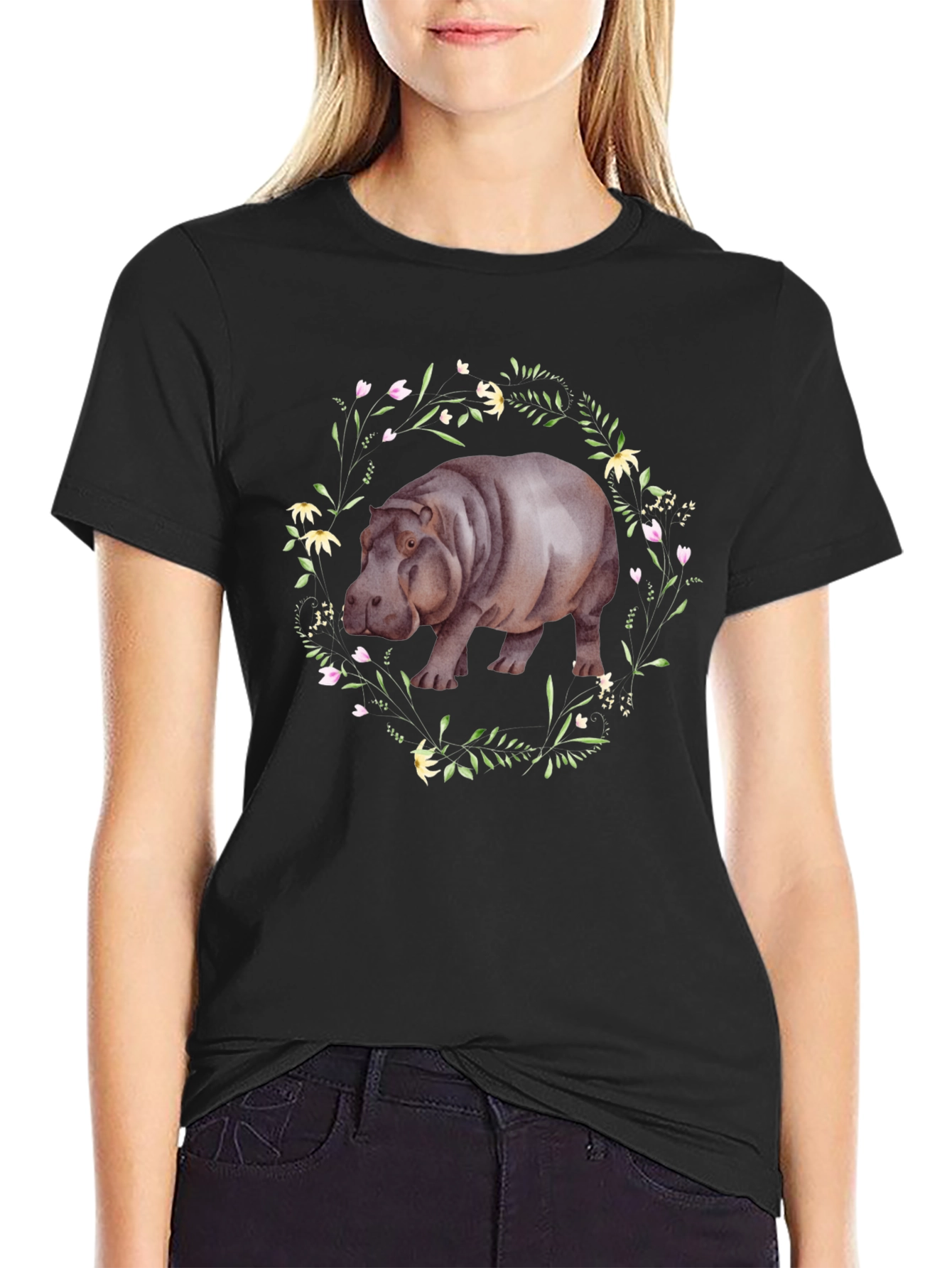 Hippo Floral Wreath Graphic Tee - Mens Black T-Shirt