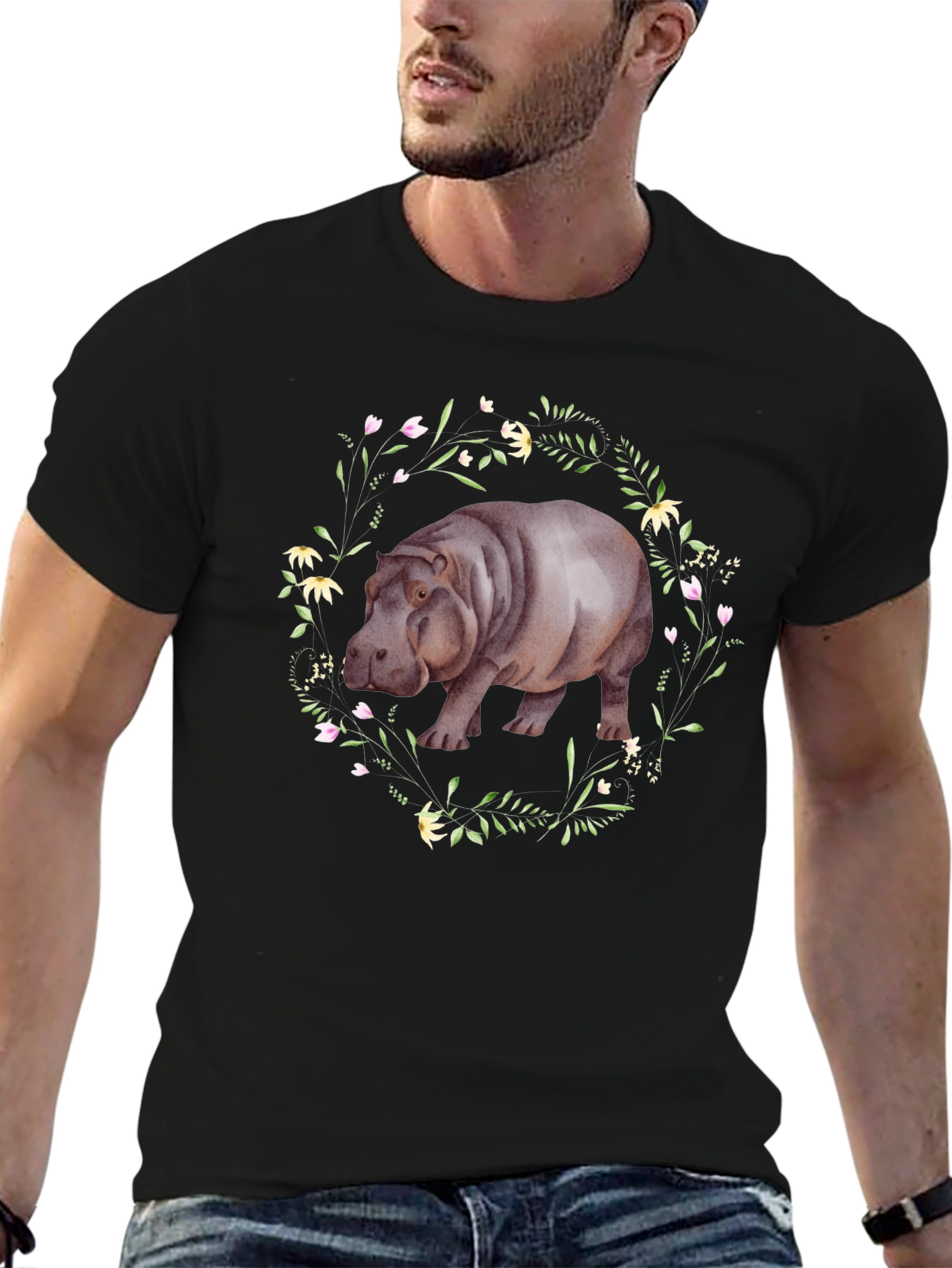 Hippo Floral Wreath Graphic Tee - Mens Black T-Shirt