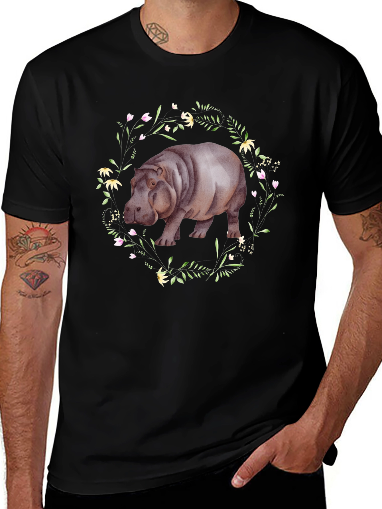 Hippo Floral Wreath Graphic Tee - Mens Black T-Shirt