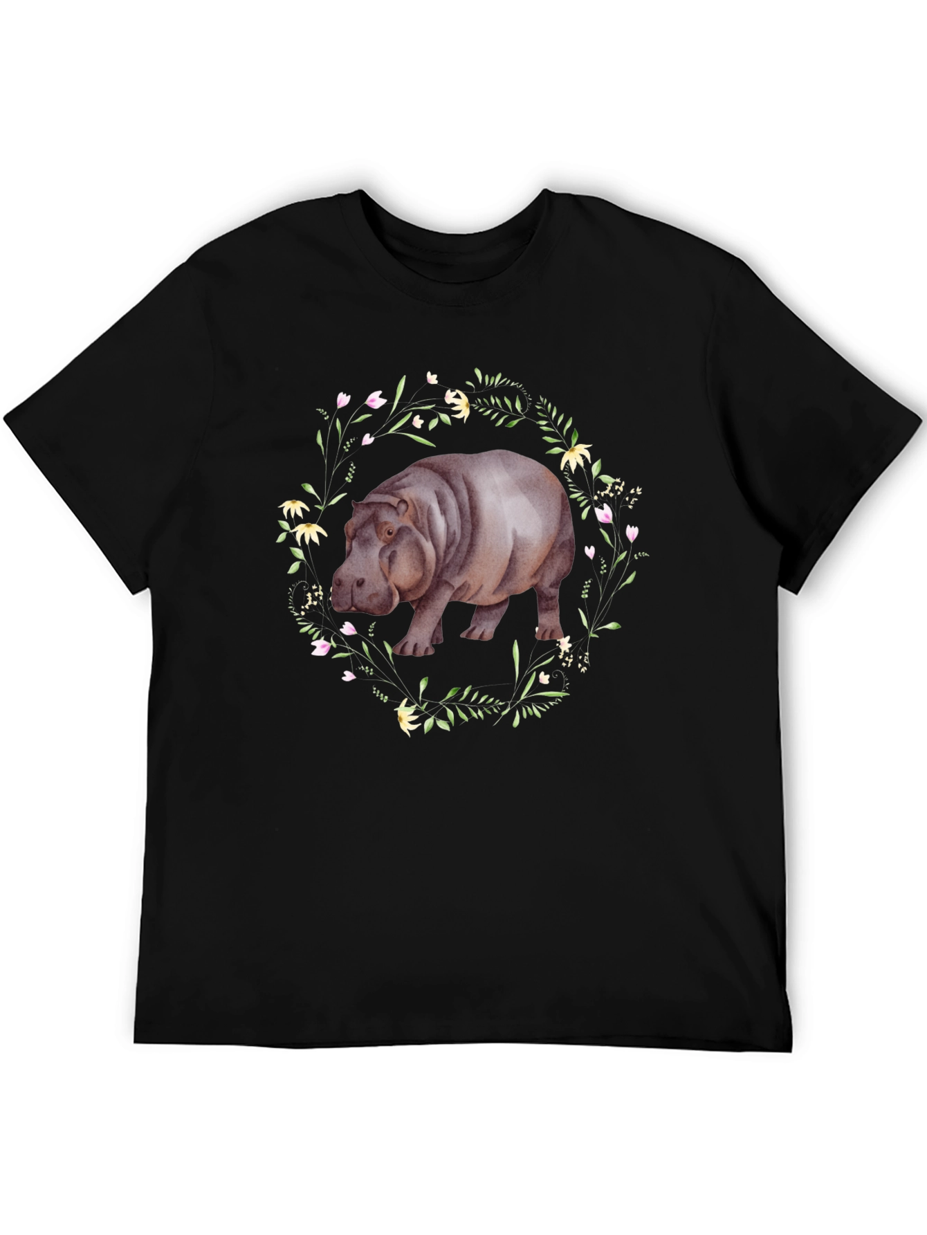Hippo Floral Wreath Graphic Tee - Mens Black T-Shirt